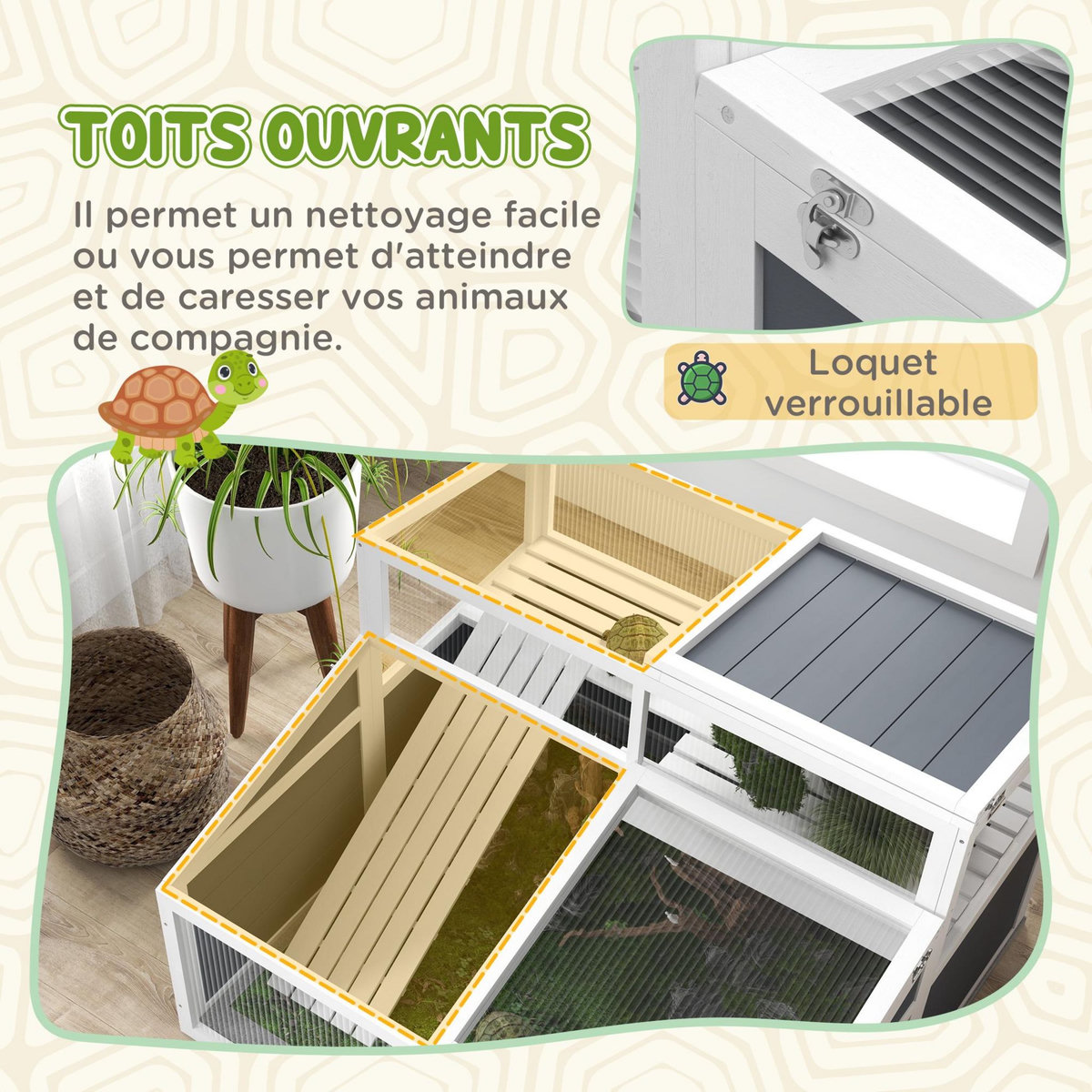 PAWHUT Terrarium enclos tortue 2 espaces toit polycarbonate 3 portes rampe bois gris blanc