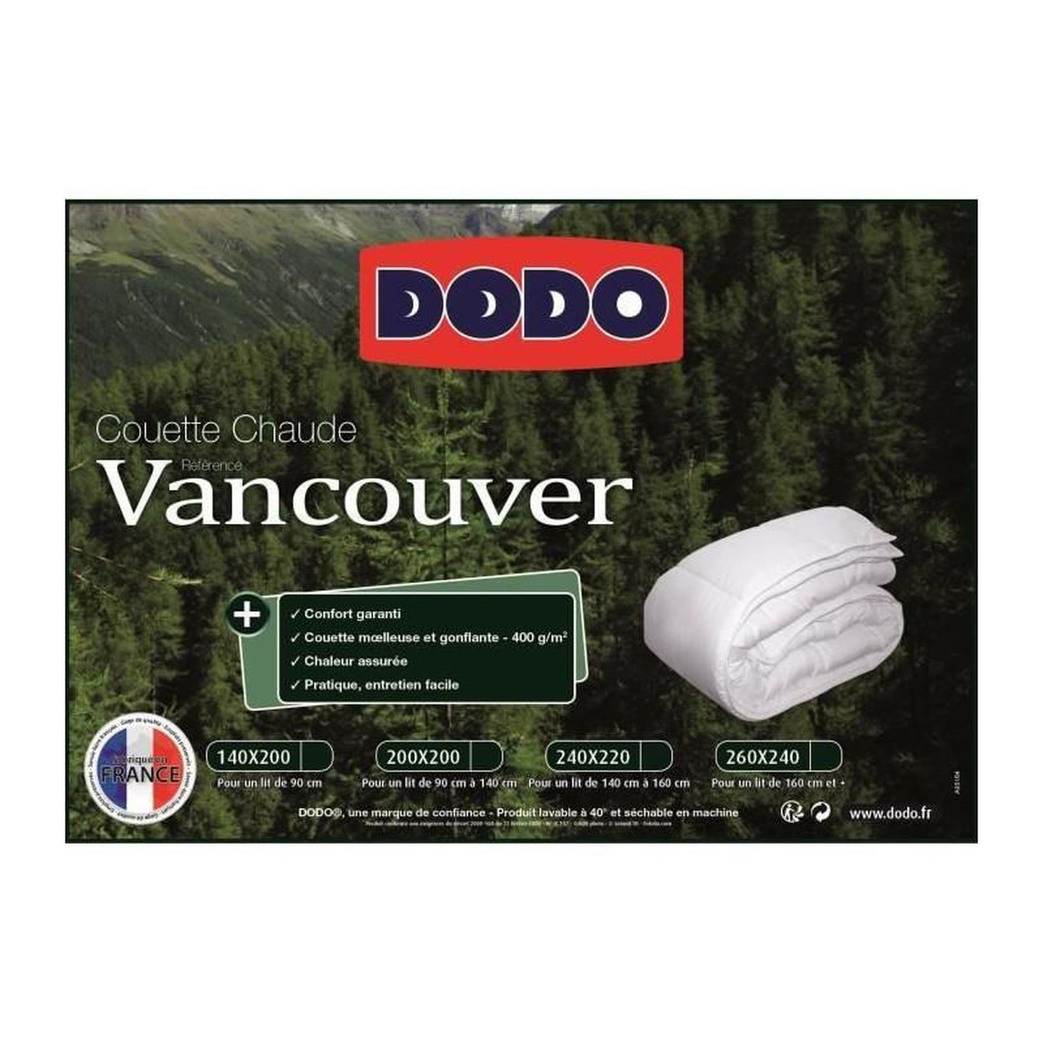 Voir la diapositive 3 : DODO DODO Couette chaude 400gr/m2 VANCOUVER 140x200 cm blanc