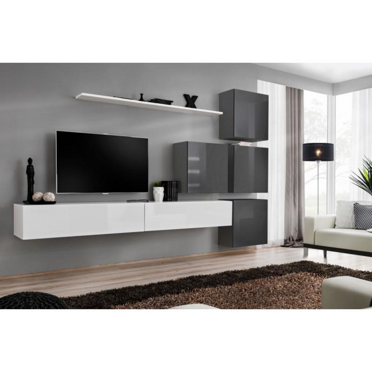 Paris Prix Meuble TV Mural Design  Switch IX  310cm Blanc & Gris