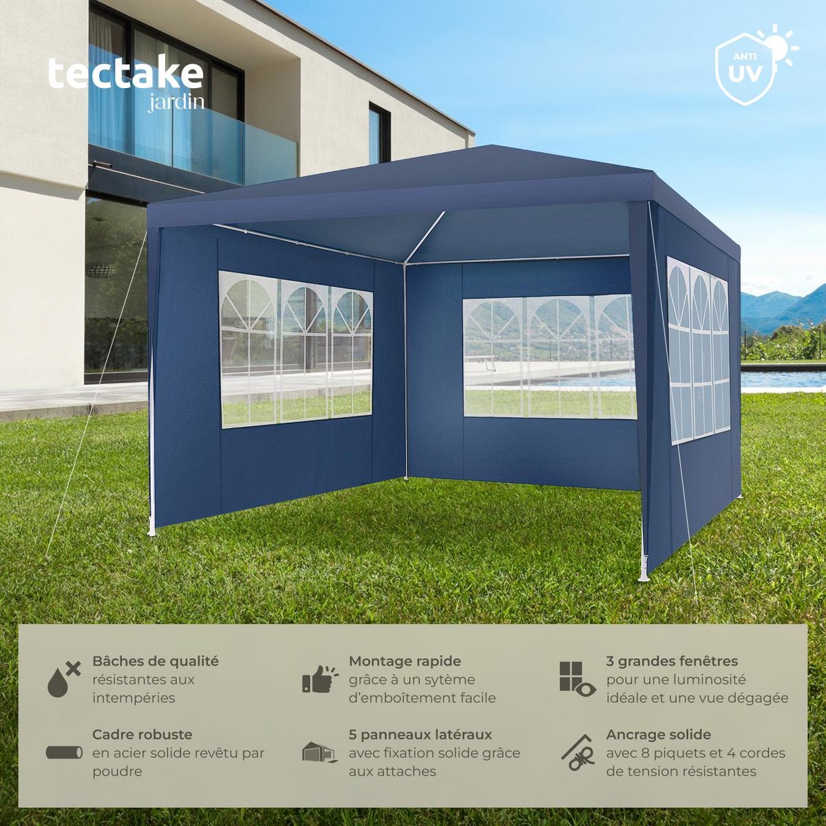 tectake Pavillon 3 x 3 m avec système d'emboîtement bleu
