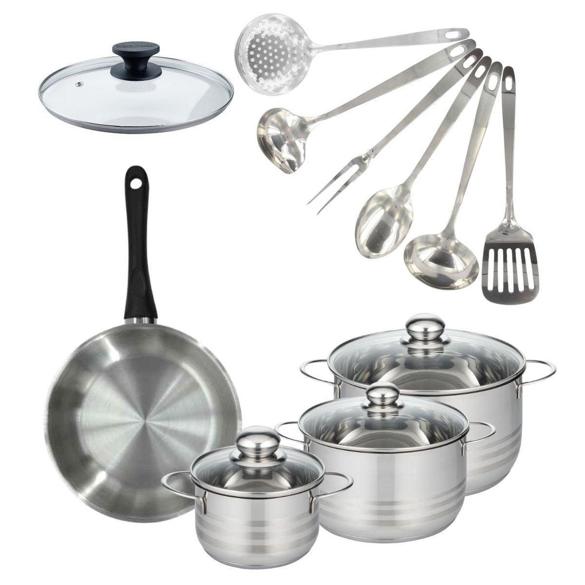 Fackelmann Batterie de cuisine avec 1 poêle 24 cm 3 faitouts 16/20/24 cm et 7 ustensiles de cuisine sans pfas fackelmann généva brillant oxford avec couvercles