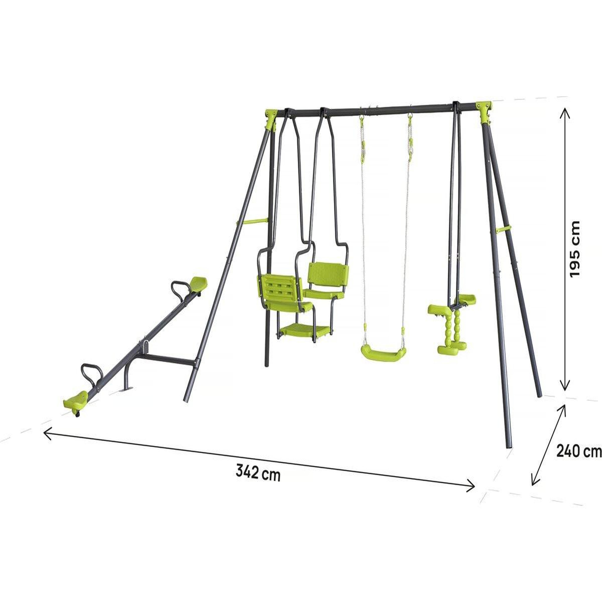 Voir la diapositive 3 : Habitat et Jardin Portique de jeu en métal avec balançoire a bascule  lenny  - 4 agrès - vert
