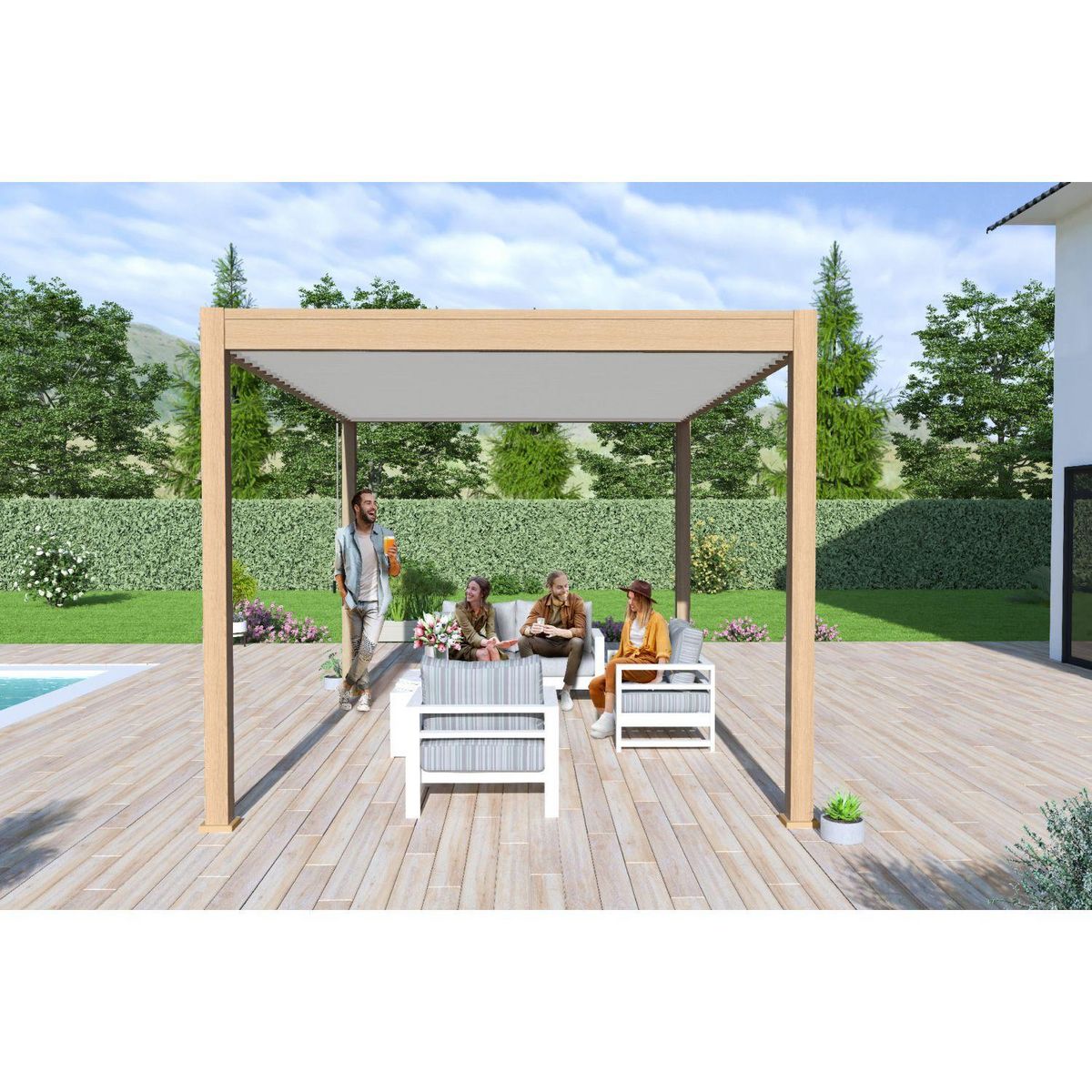 Pergola Bioclimatique autoportée 3X4 m - Aluminium - effet bois naturel/blanc - VS OMBREA®