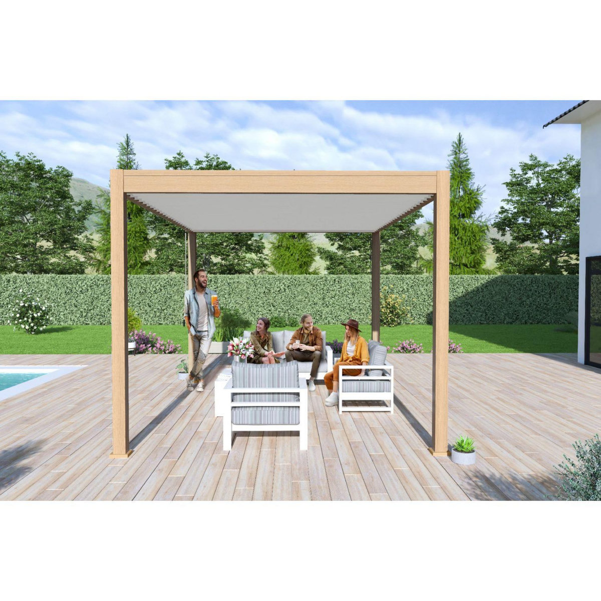 Pergola Bioclimatique autoportée 3X4 m - Aluminium - effet bois naturel/blanc - VS OMBREA®
