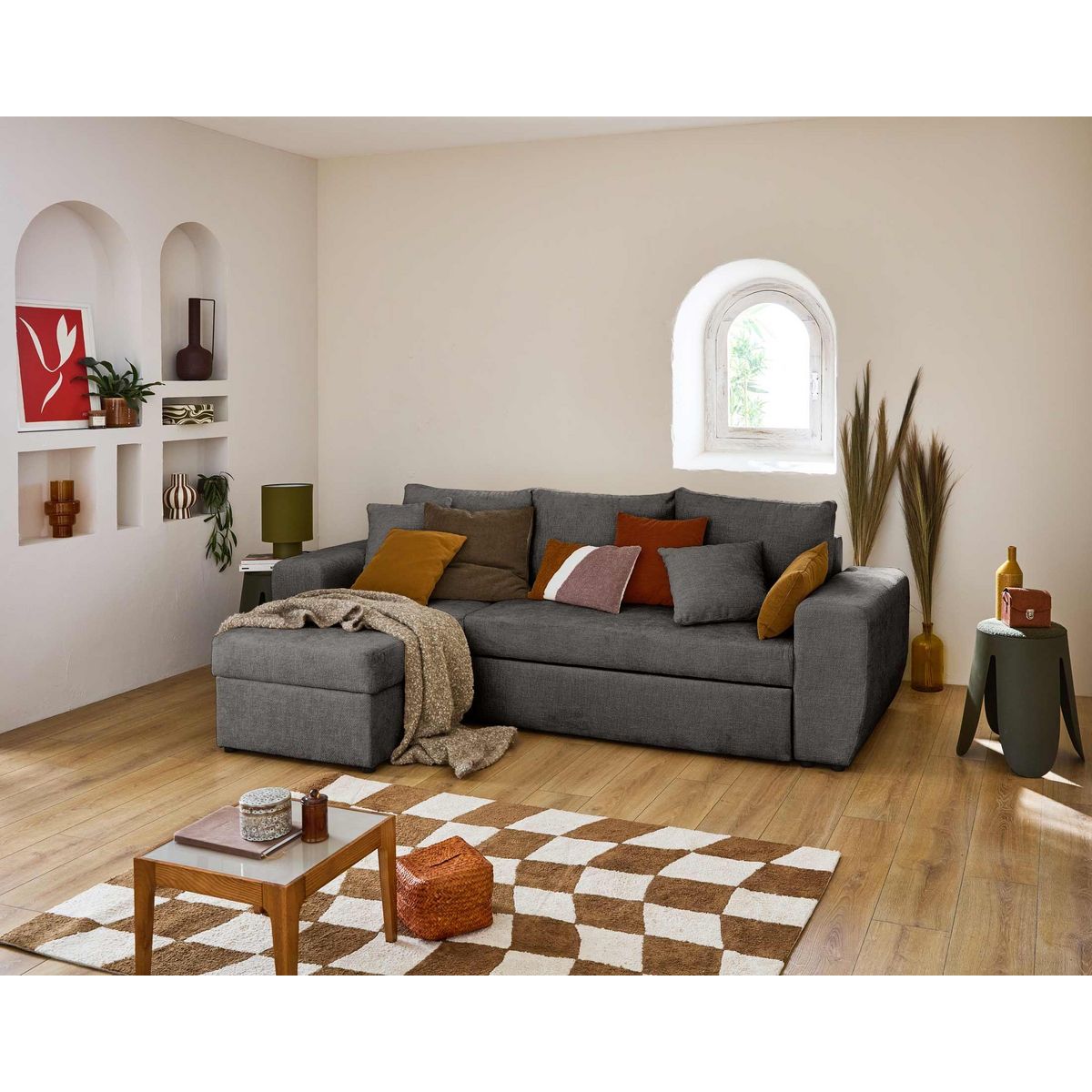 BEST MOBILIER Milan - canapé d'angle réversible 4 places - convertible avec coffre - en velours texturé