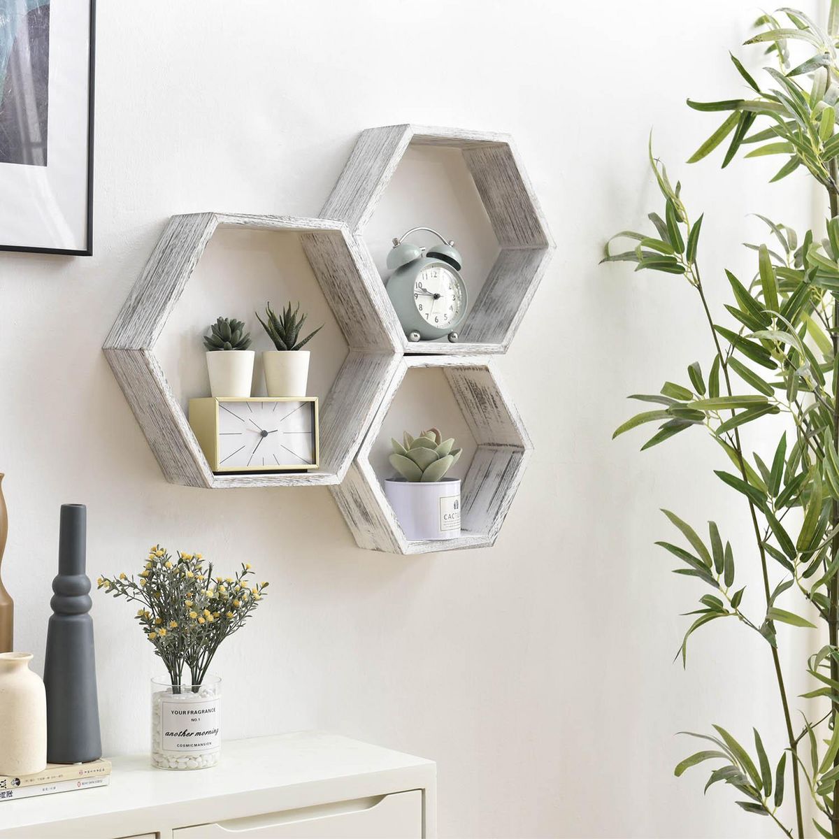 VS VENTA-STOCK Set de 3 Etagères murales Nuno hexagonales blanc, bois de paulownia