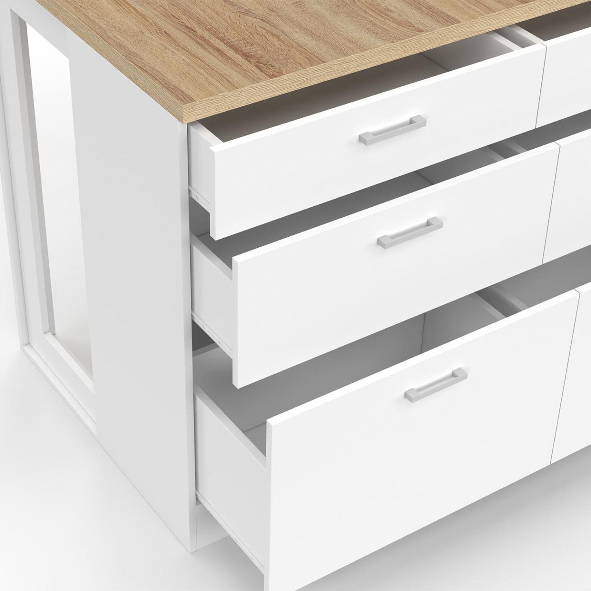Voir la diapositive 6 : ID MARKET Ilot central mange-debout orso 120 cm casserolier 6 tiroirs blanc avec plan de travail façon hêtre