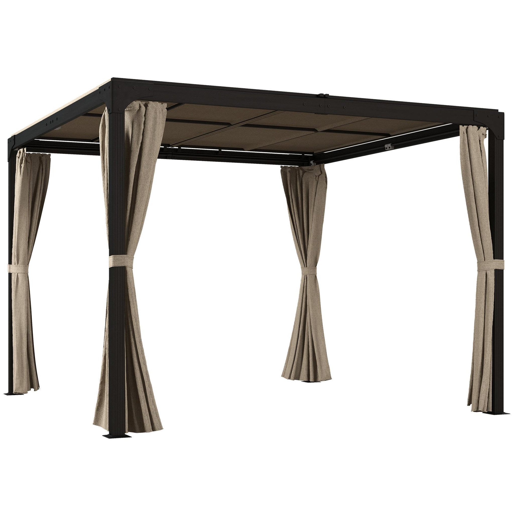 Voir la diapositive 1 : OUTSUNNY Pergola rétractable dim. 2,95L x 2,95l x 2,20H m double toit coulissant 4 rideaux alu. acier noir polyester beige