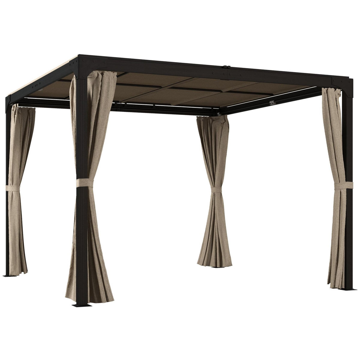 OUTSUNNY Pergola rétractable dim. 2,95L x 2,95l x 2,20H m double toit coulissant 4 rideaux alu. acier noir polyester beige