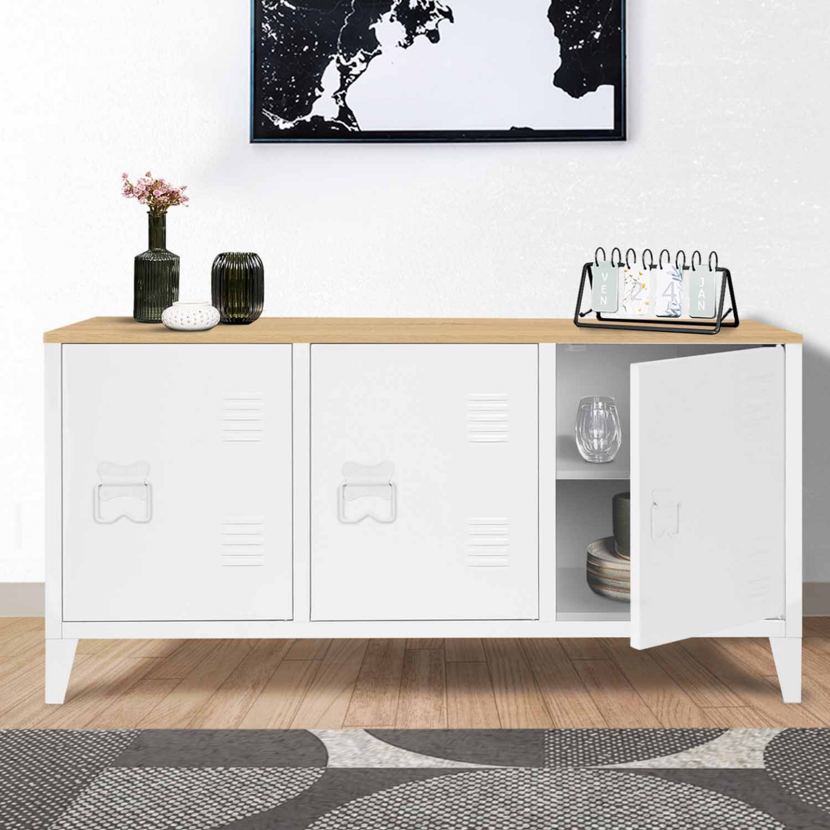 ID MARKET Buffet bas 113 cm ESTER 3 portes métal blanc plateau bois design industriel