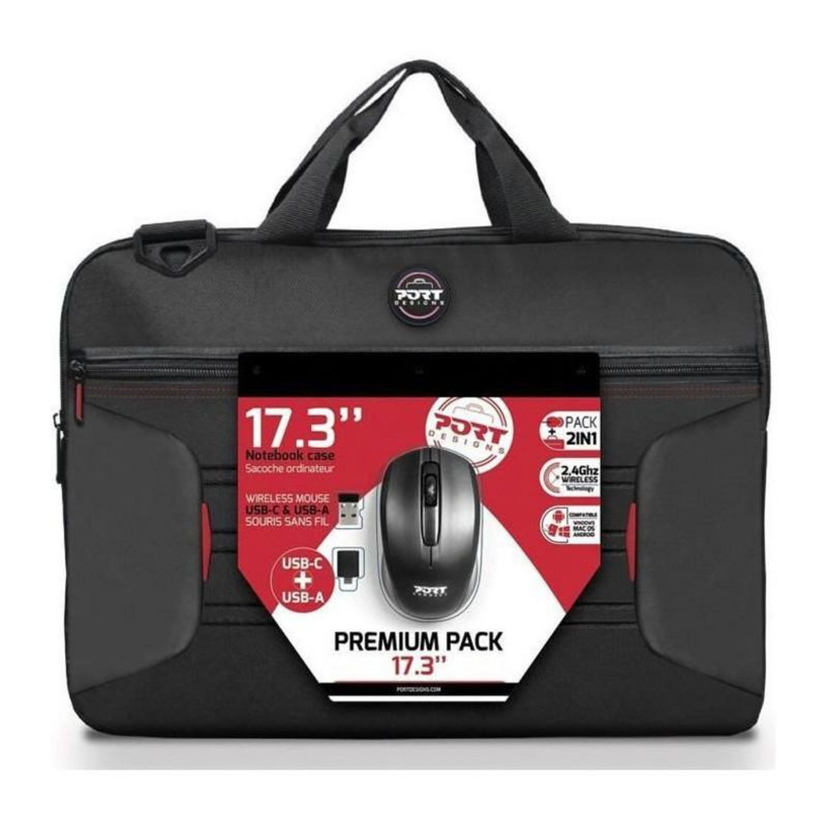 PORT DESIGNS PREMIUM PACK : Sacoche pour PC Portable 17 + Souris sans fil + Dungle USB + Adaptateur Type C
