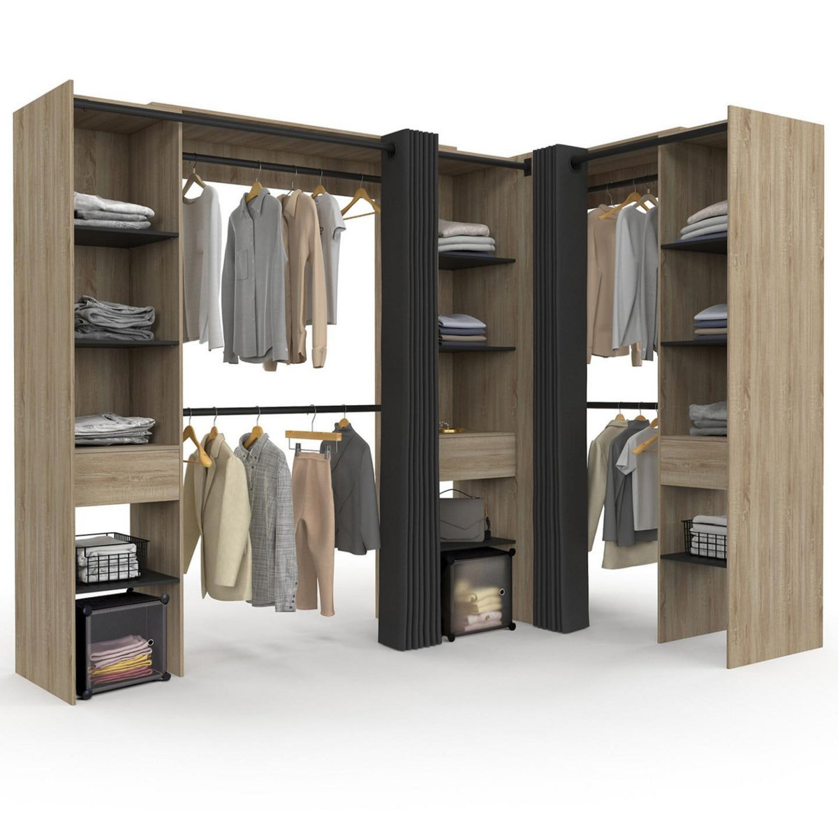 ID MARKET Dressing extensible d'angle MARLON 230 x 140 x 180 cm cm hêtre avec penderies + étagères + rideaux noirs