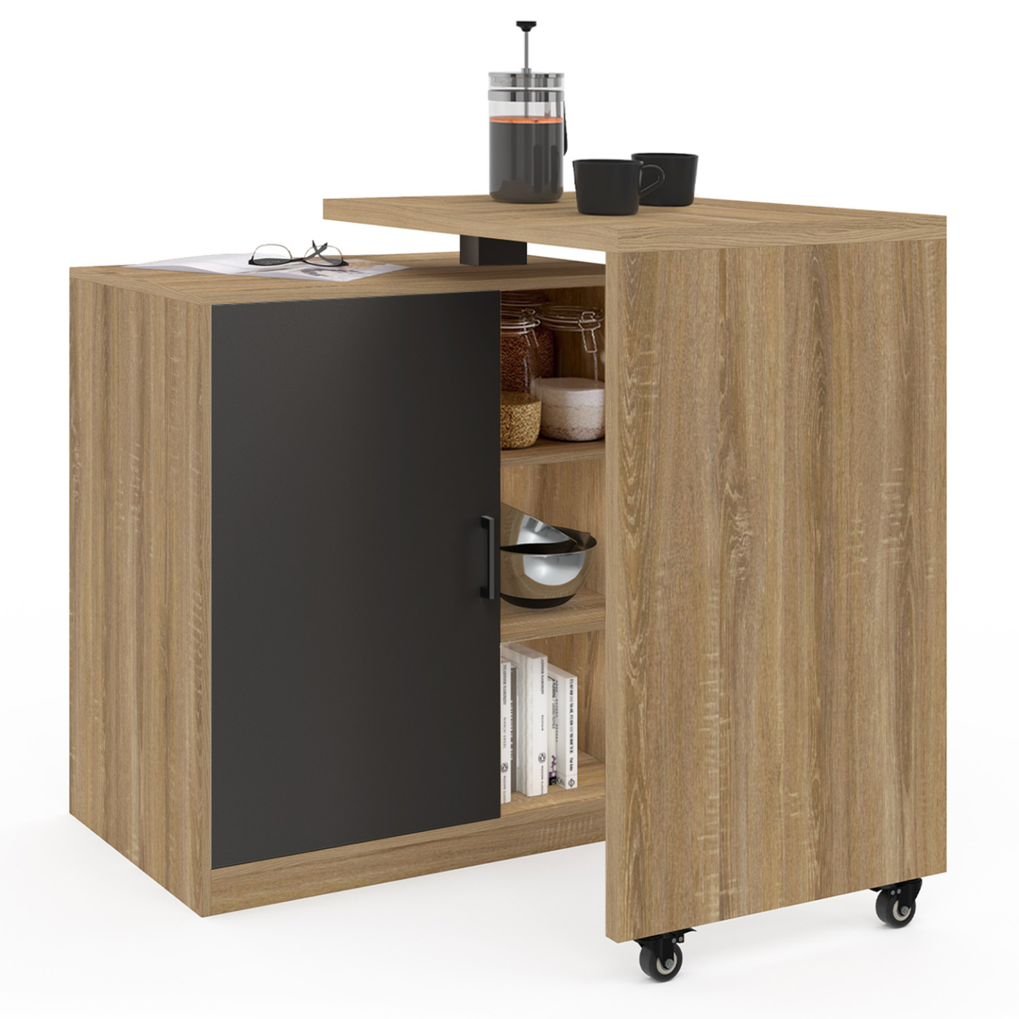 ID MARKET Ilot rotatif polo meuble de bar pivotant 2 en 1 imitation hêtre porte noire