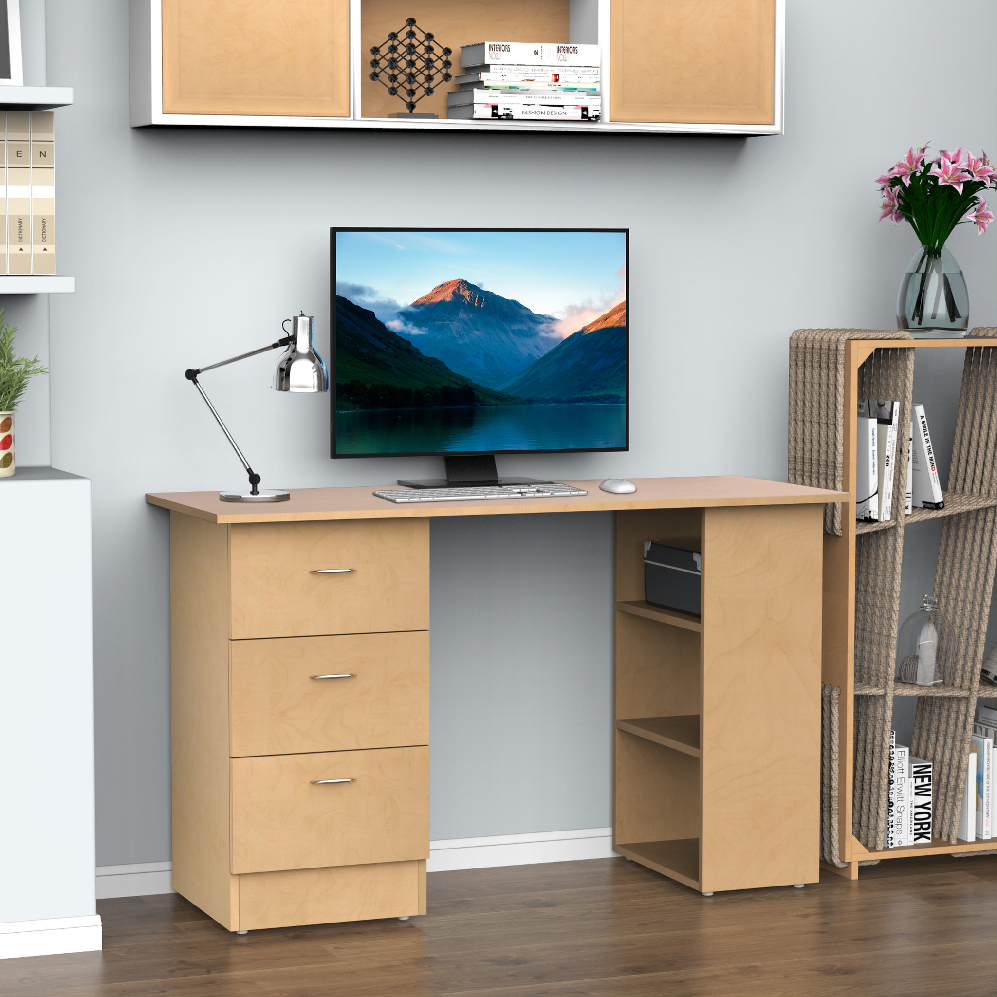 Voir la diapositive 2 : HOMCOM Bureau informatique table multi-fonctions 3 tiroirs 2 étagères dim. 120L x 49l x 72H cm MDF aspect bois clair