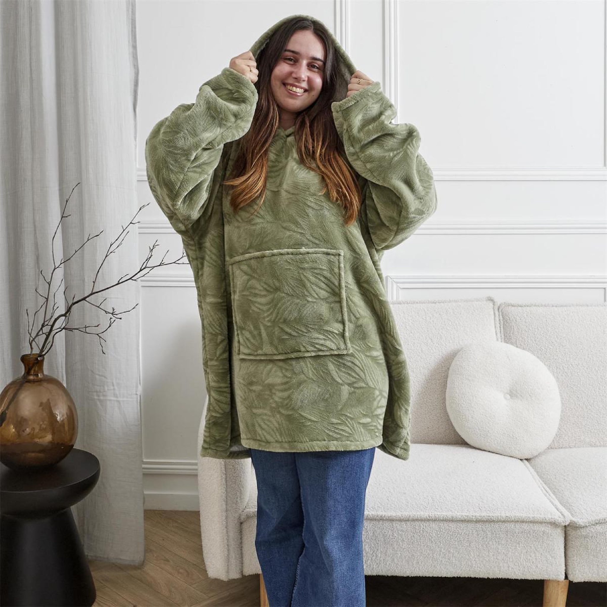 Voir la diapositive 4 : The Home Deco Factory Plaid sweat à capuche  natural  85x118cm vert