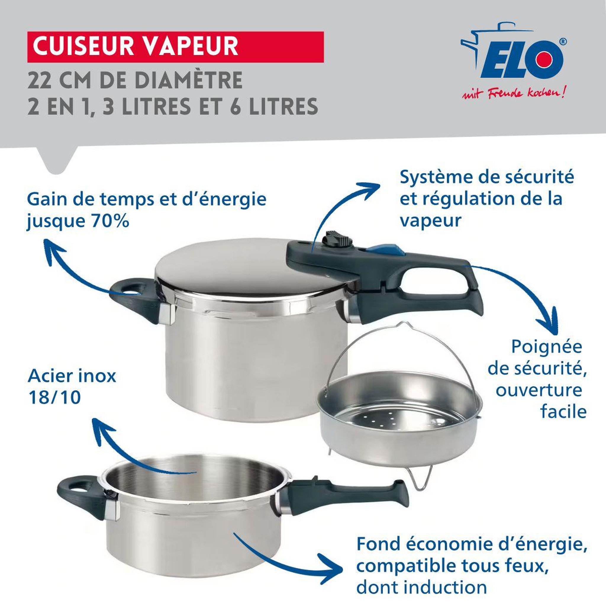 Voir la diapositive 3 : ELO Autocuiseur vapeur en acier inoxydable 18/10 22 cm 3 à 6 litres elo praktika plus xl