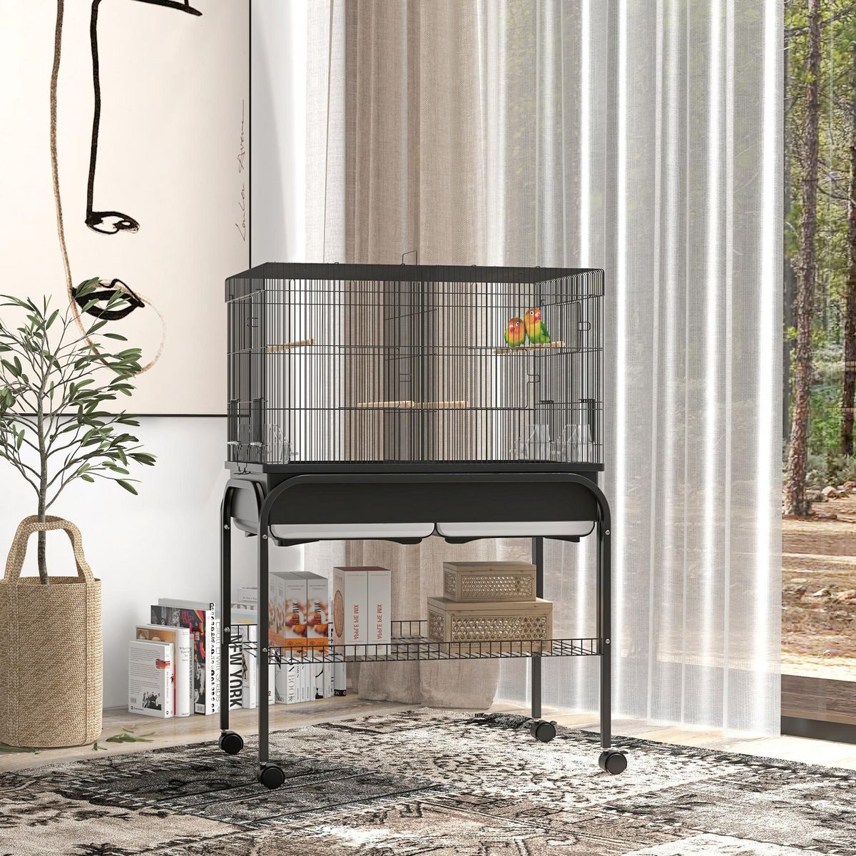 PAWHUT Grande cage oiseaux - cage perroquet - grande volière sur roulettes - étagère, plateaux coulissants, accessoires - noir