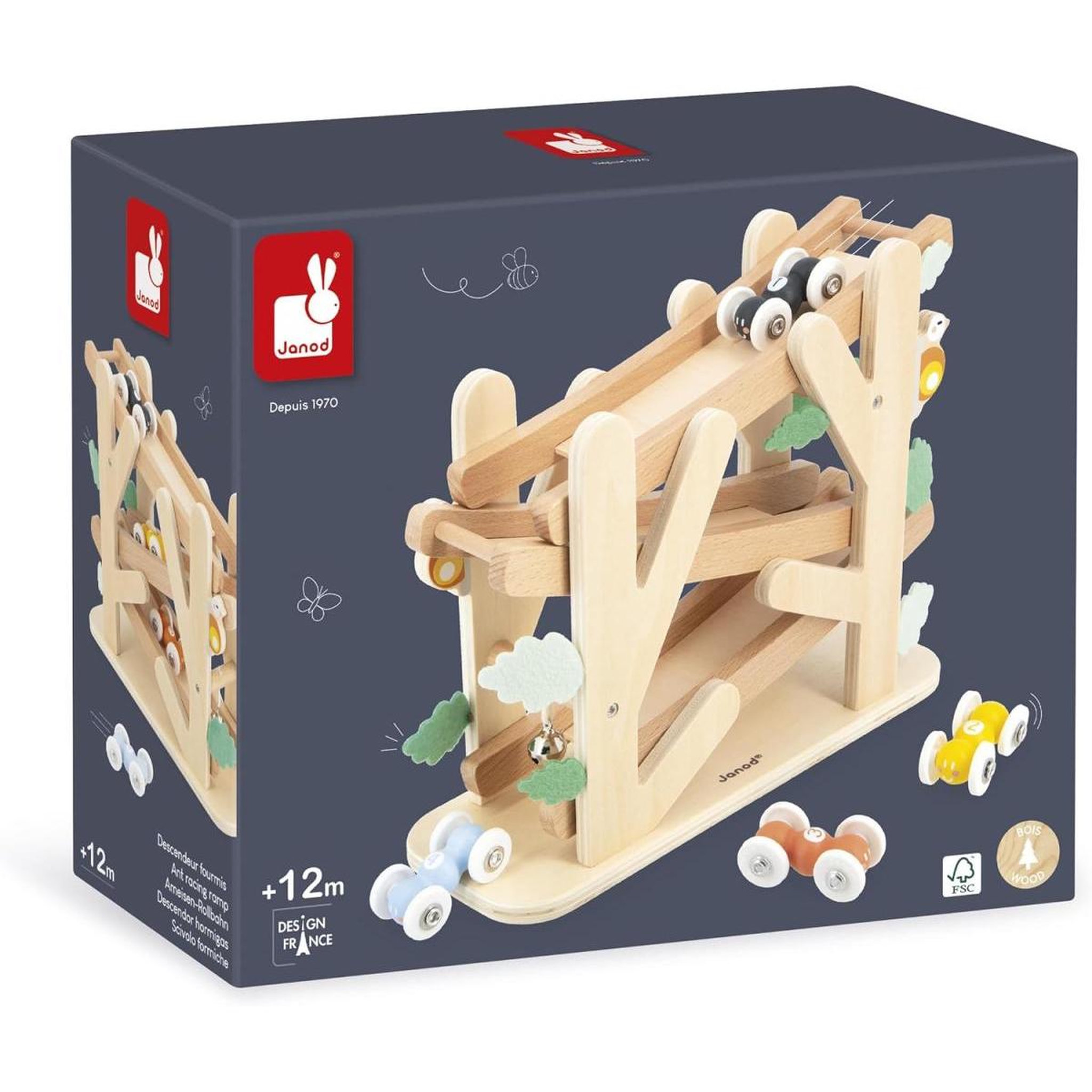 Voir la diapositive 3 : Juratoys-Janod Circuit en bois le Toboggan des fourmis avec 4 voitures