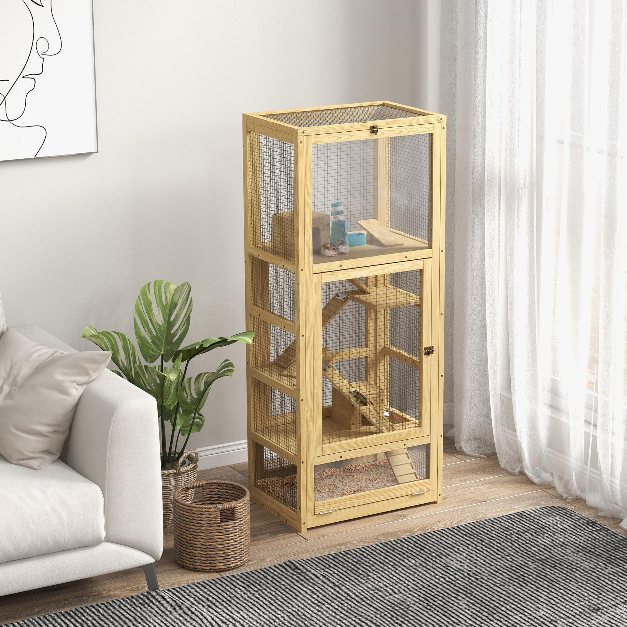 Voir la diapositive 2 : PAWHUT Cage pour rongeurs petits animaux en bois 5 niveaux - échelle, niche, balançoire, plateau amovible, abreuvoir