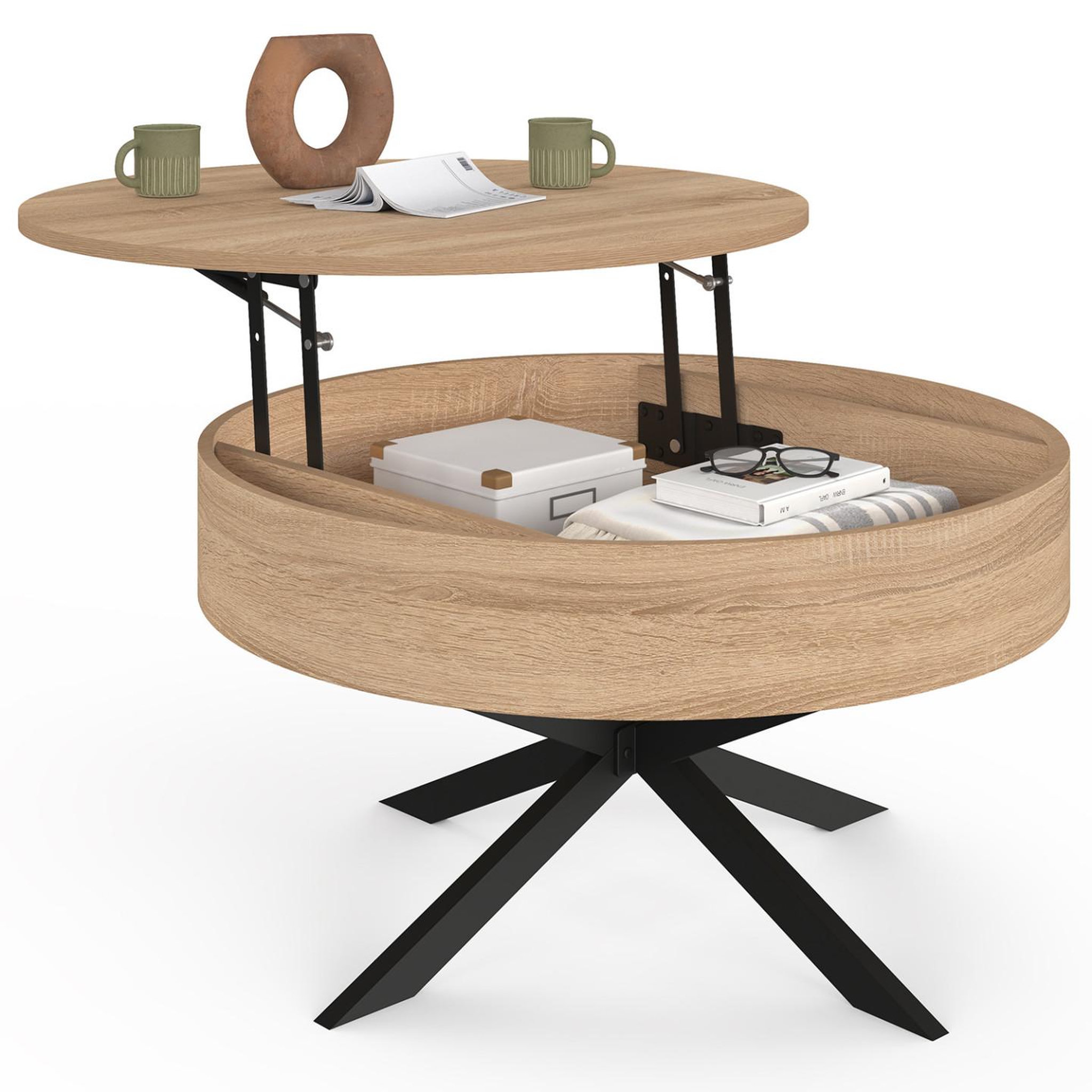 ID MARKET Table basse plateau relevable ronde alix 70 cm pied araignée bois et noir