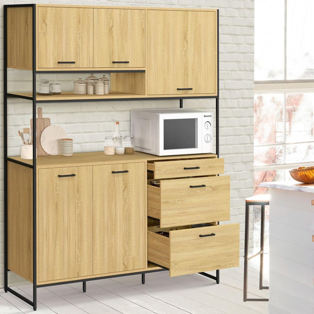 ID MARKET Buffet casserolier de cuisine 140 cm DETROIT 5 portes + 3 tiroirs design industriel