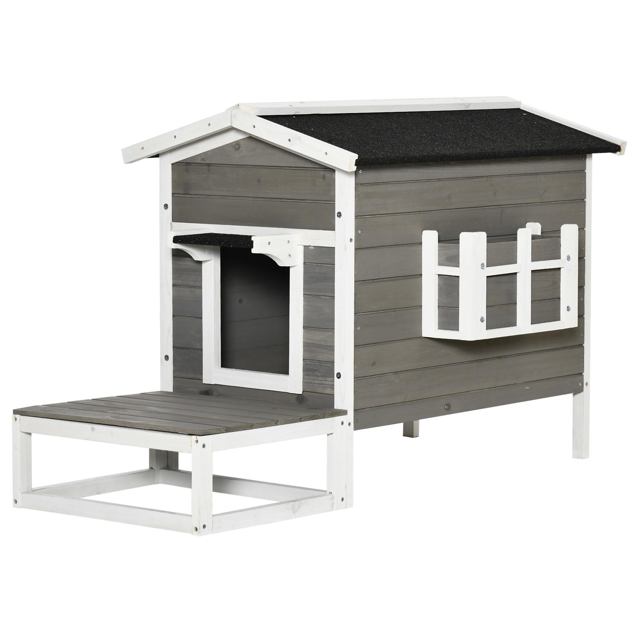 PAWHUT Maison lodge sur pied - niche villa chat petit chien - terrasse, toit bitumé, jardinière, 2 portes - bois sapin pré-huilé peint