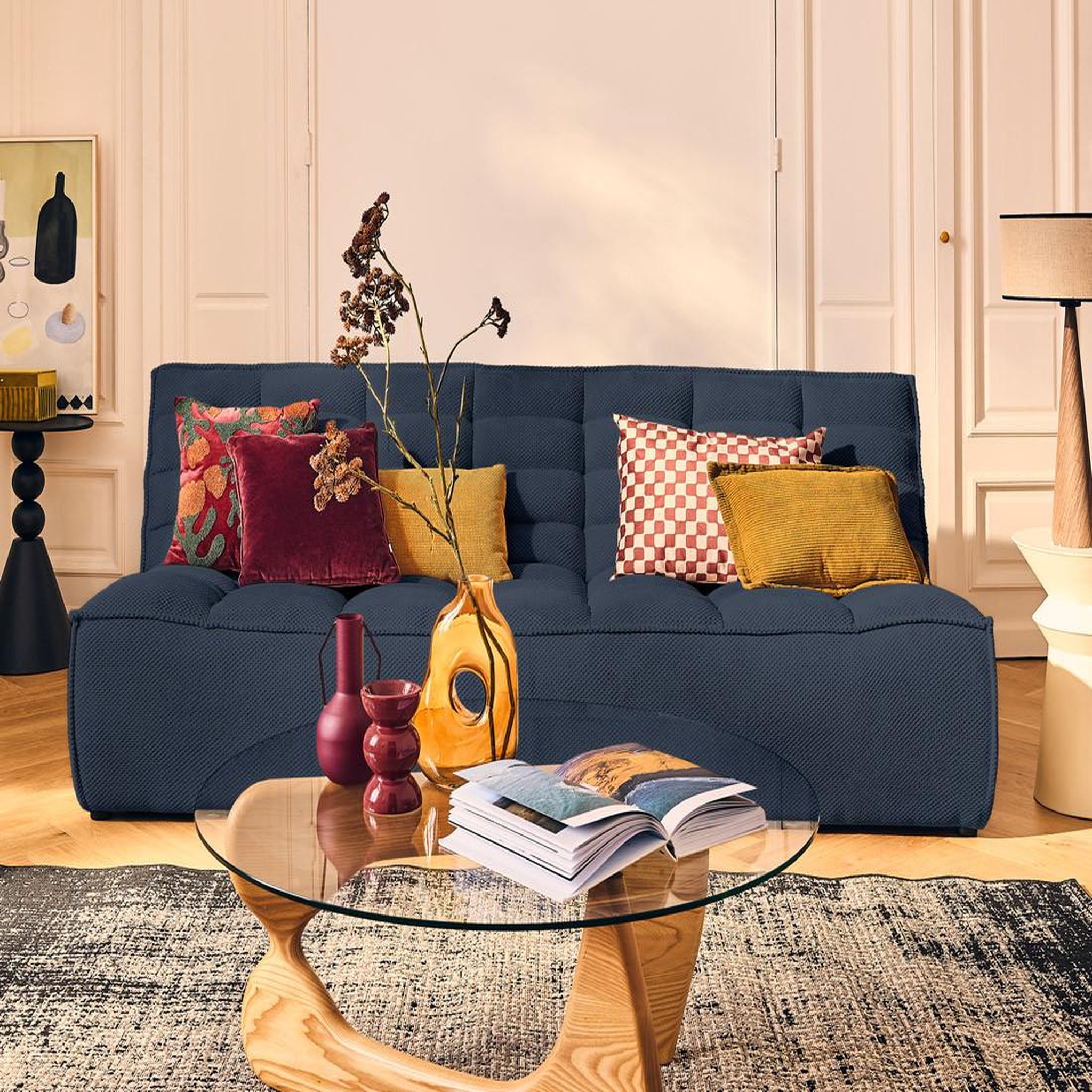 LISA DESIGN Ellie - canapé 3 places en velours texturé. Coloris disponibles : Gris, Noir, Jaune, Bleu, Beige, Orange