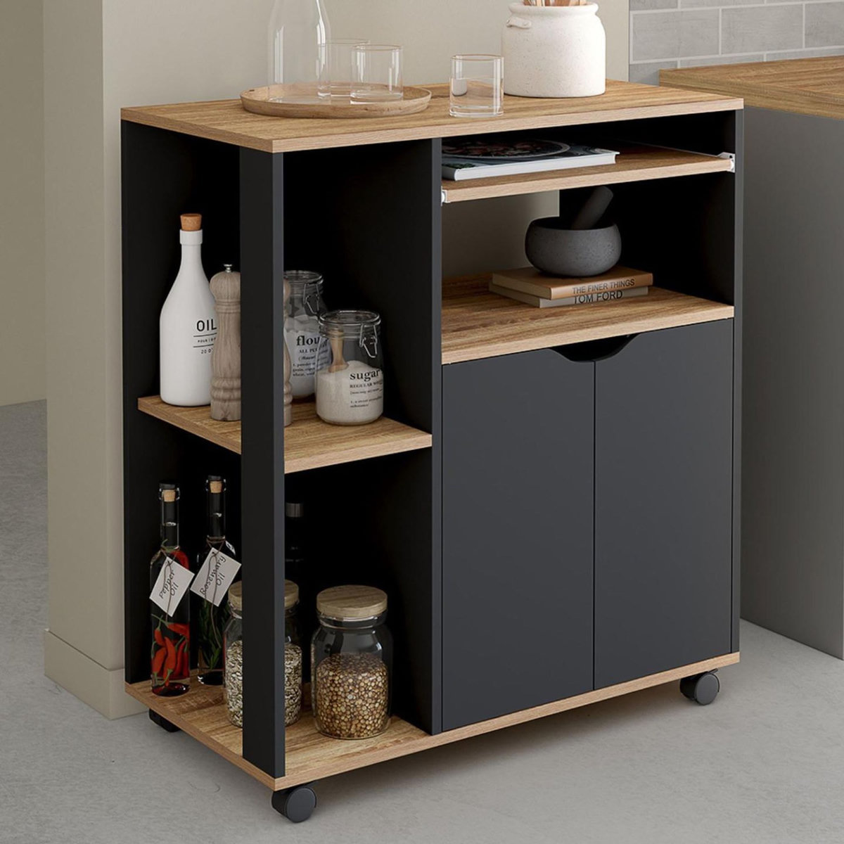 ID MARKET Desserte de cuisine COSI bois noir et plateaux façon hêtre L.76 CM