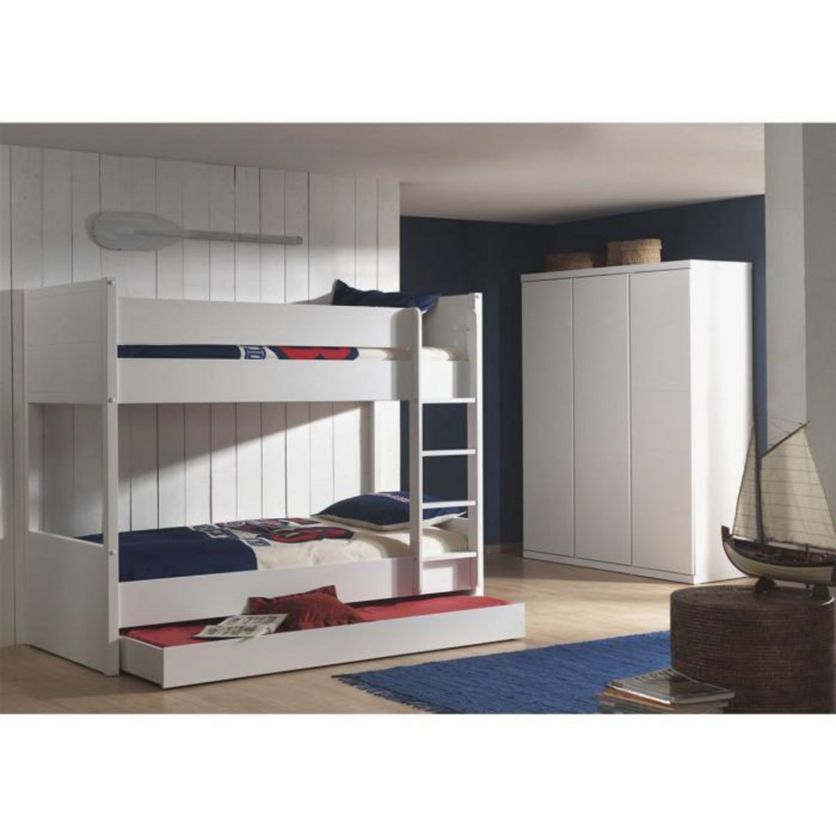 Paris Prix Pack - Lit Superposé Enfant, Tiroir & Armoire 3 Portes  Lara  Blanc