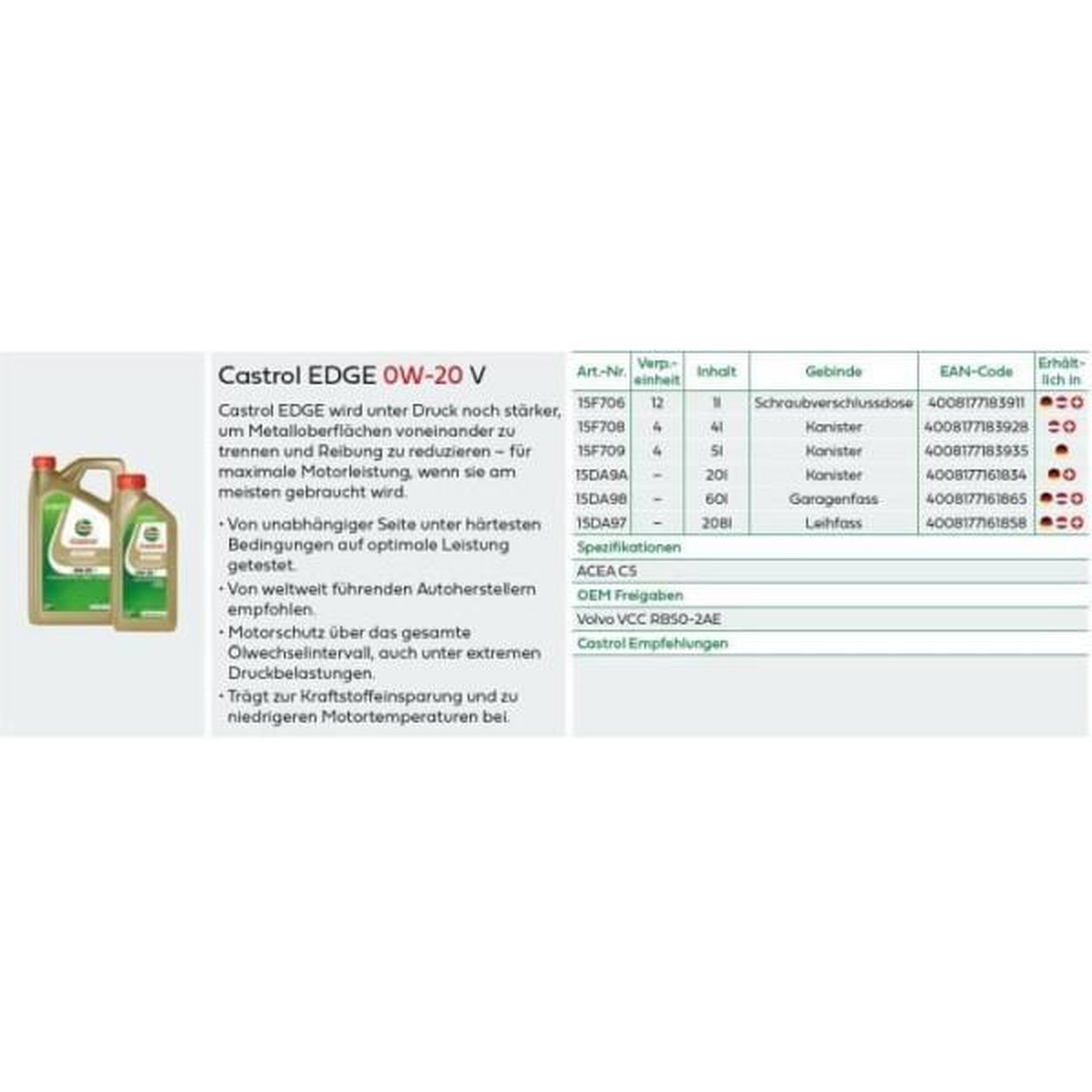 Voir la diapositive 3 : CASTROL Huile moteur - CASTROL - EDGE 0W-20 V - 1L