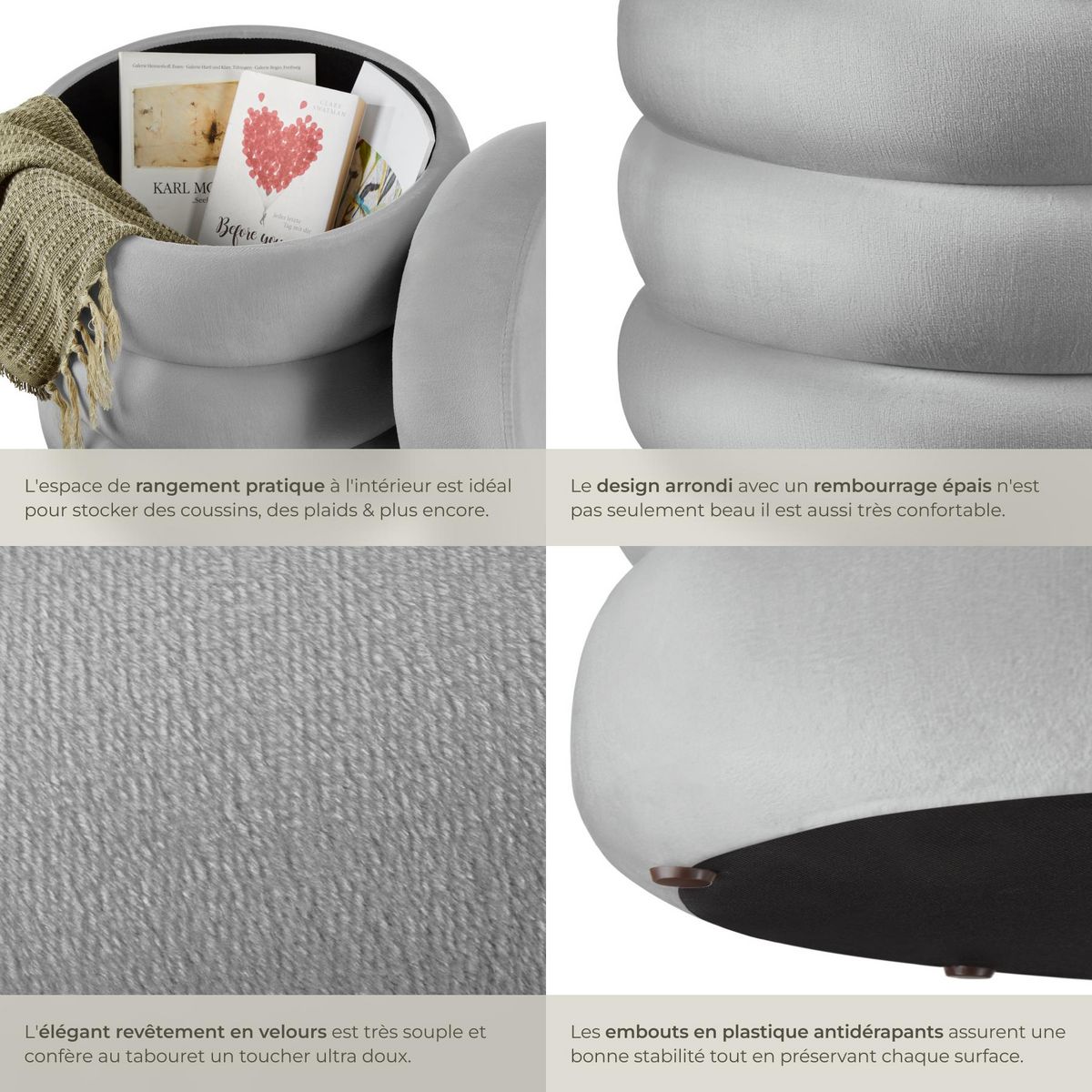 tectake Tabouret avec espace de rangement rond Aspect velours gris