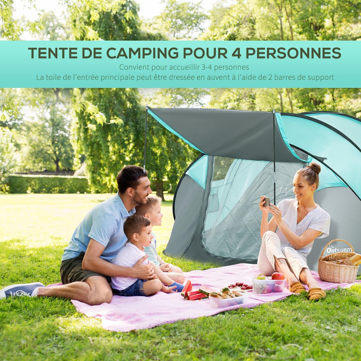 OUTSUNNY Tente pop up montage instantané - tente de camping 3-4 pers.  - 2 portes, 2 fenêtres moustiquaires - dim. 2,86L x 2,09l x 1,22H m - fibre verre polyester bleu gris
