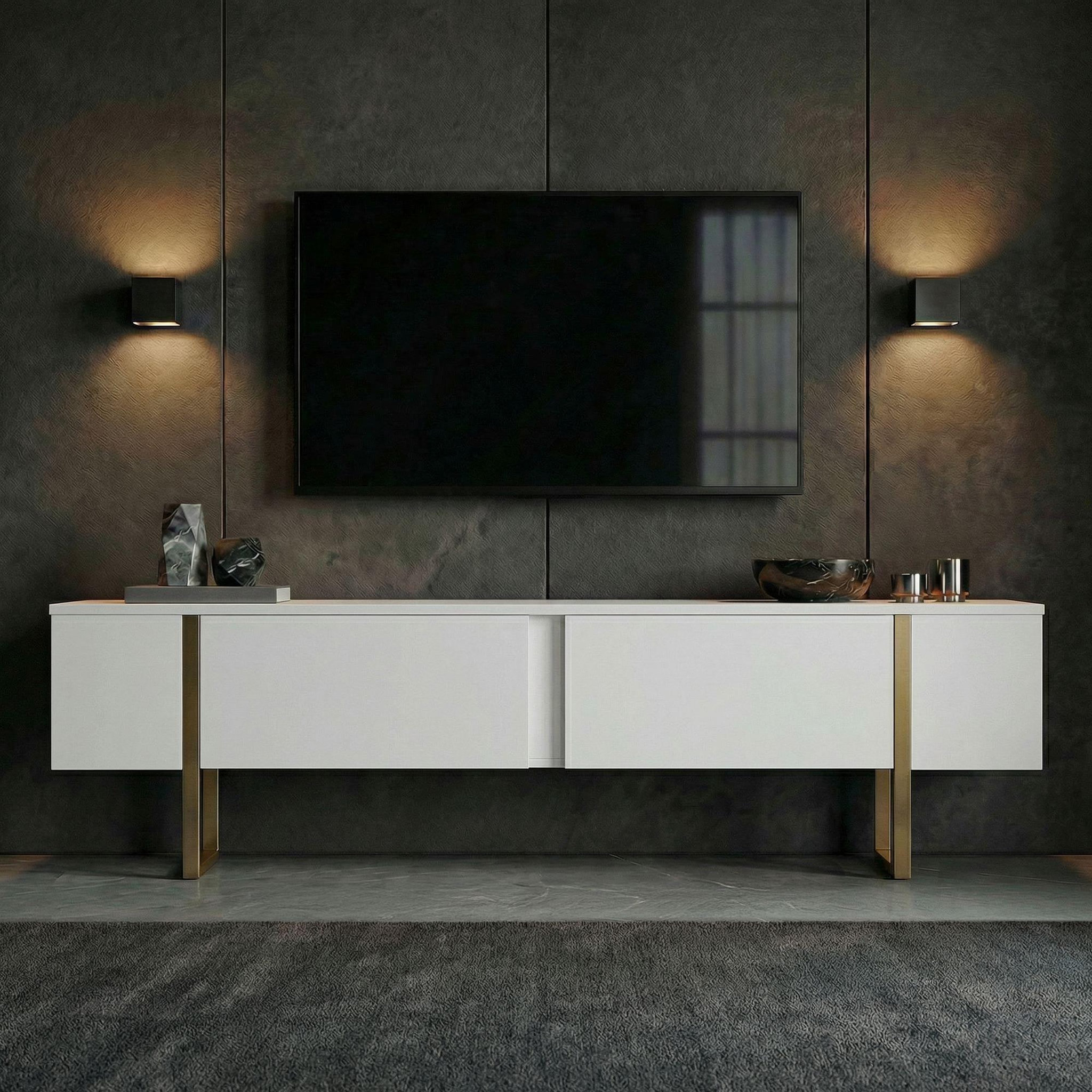 Voir la diapositive 3 : Habitat et Jardin Meuble tv en bois  onera  - 180 x 30 x 50 cm - blanc / or