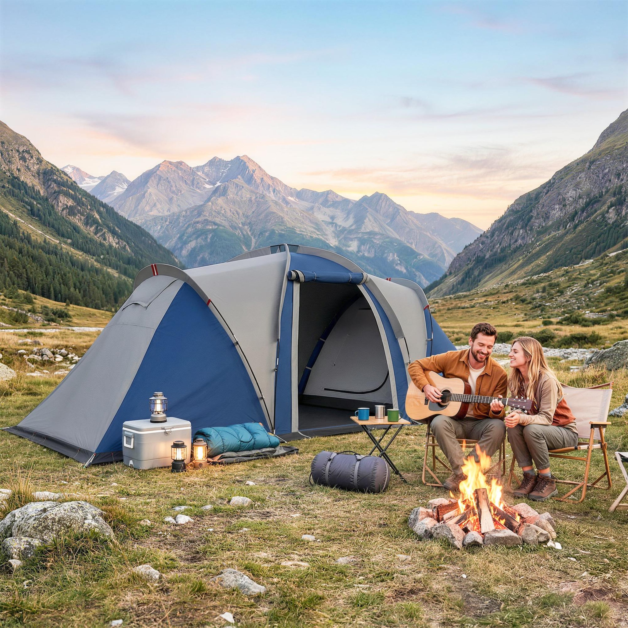 Voir la diapositive 2 : OUTSUNNY Tente de camping tunnel familiale 4-5 pers. Imperméable 3000mm - 550x220x190cm - bleu