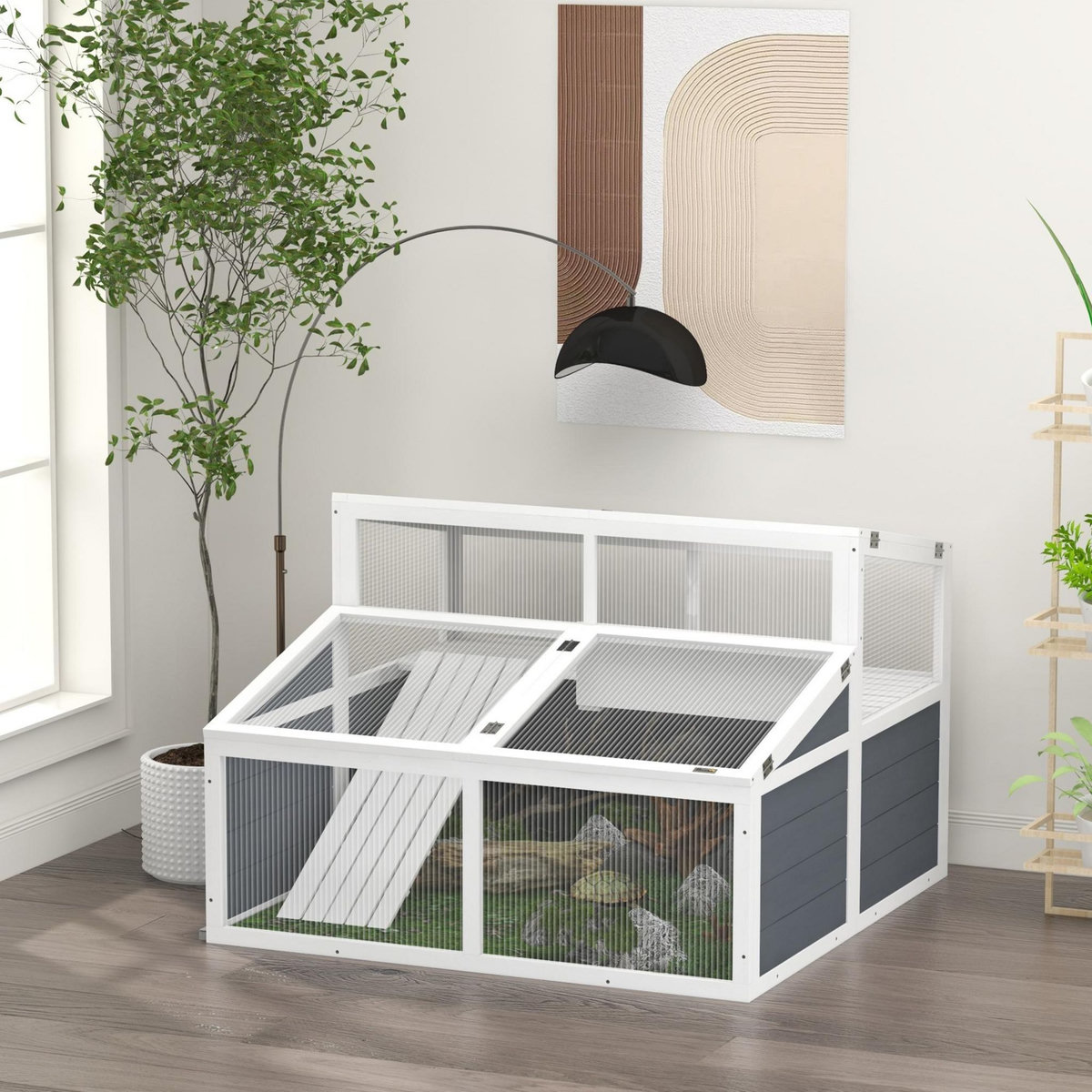 PAWHUT Terrarium enclos tortue 2 espaces toit polycarbonate 3 portes rampe bois gris blanc