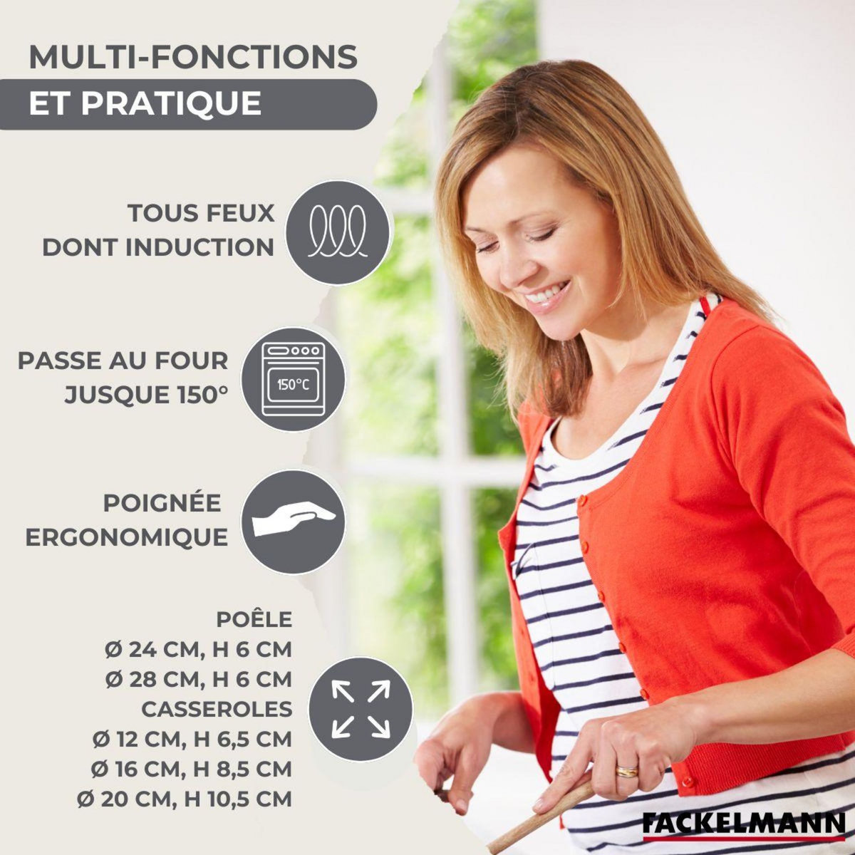 Fackelmann Set 2 poêles 24 et 28 cm et 3 casseroles 12 16 et 20 cm en inox Fackelmann Geneva