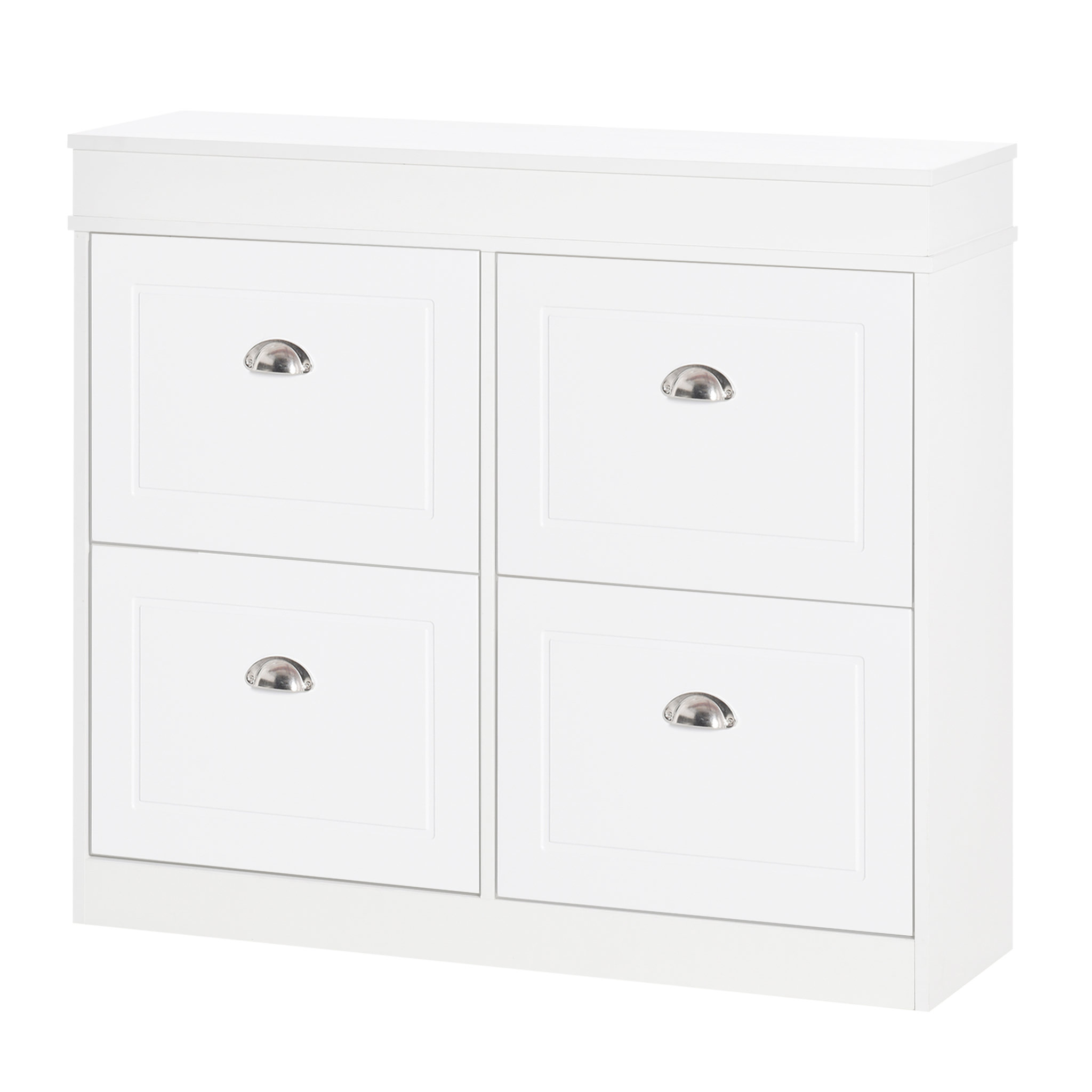Voir la diapositive 1 : HOMCOM Armoire à chaussures meuble à chaussures rangement pour 32 paires dim. 98L x 24l x 83H cm  4 portes abattantes double niveau MDF blanc