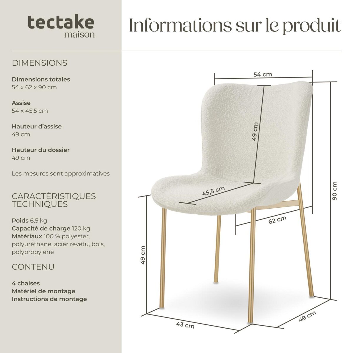 tectake Chaise rembourrée forme ergonomique avec dossier haut Tissu blanc cassé/noir Lot de 4