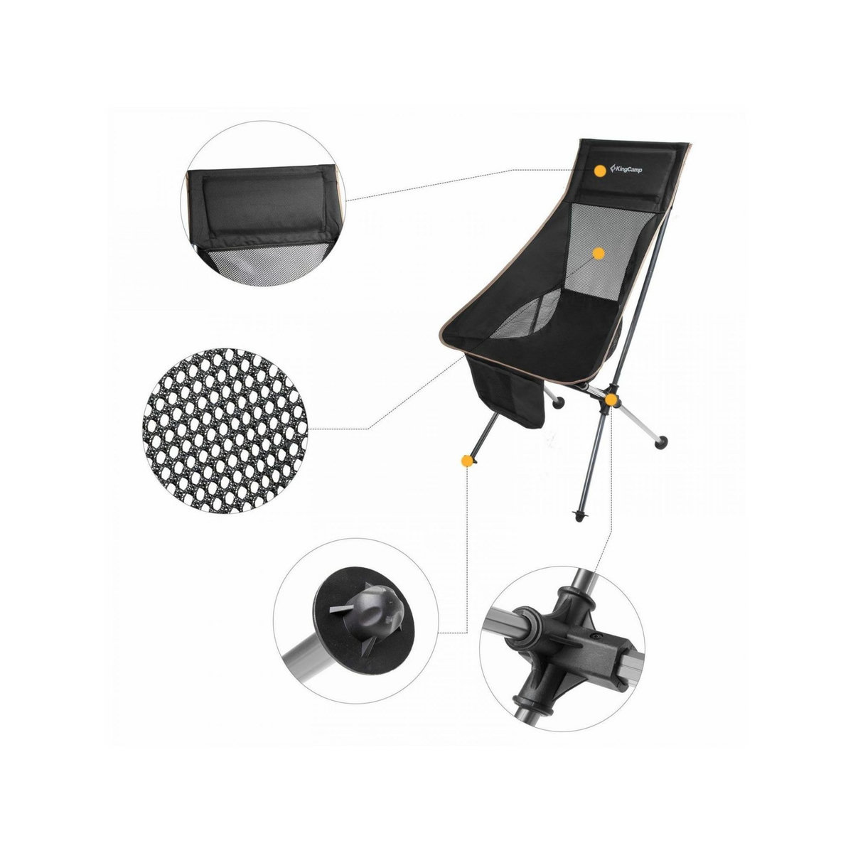 KINGCAMP Chaise de camping pliable avec grand dossier - Kingcamp - Noir - Sac de transport inclus