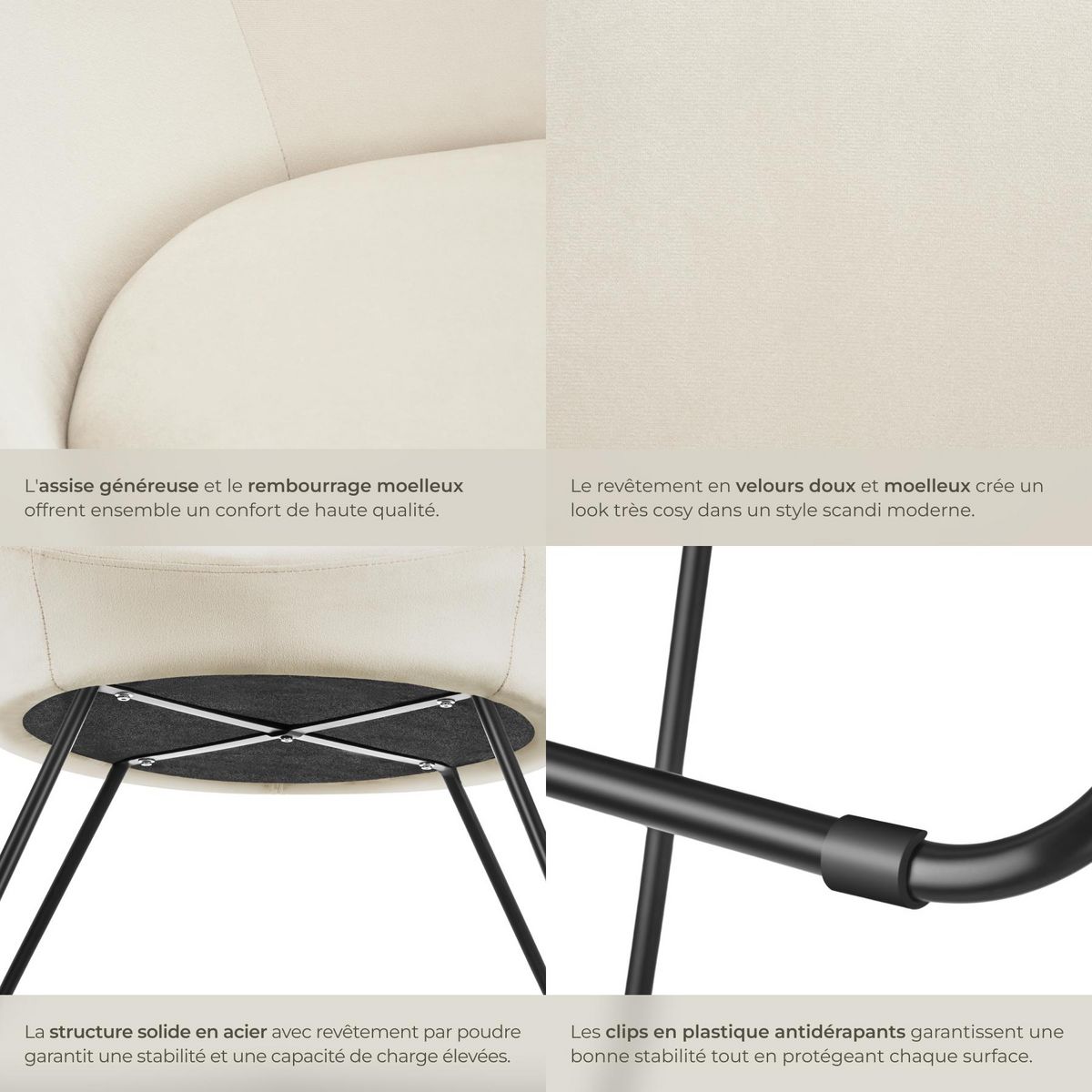 tectake Fauteuil cocktail rembourré avec revêtement en velours Aspect velours beige