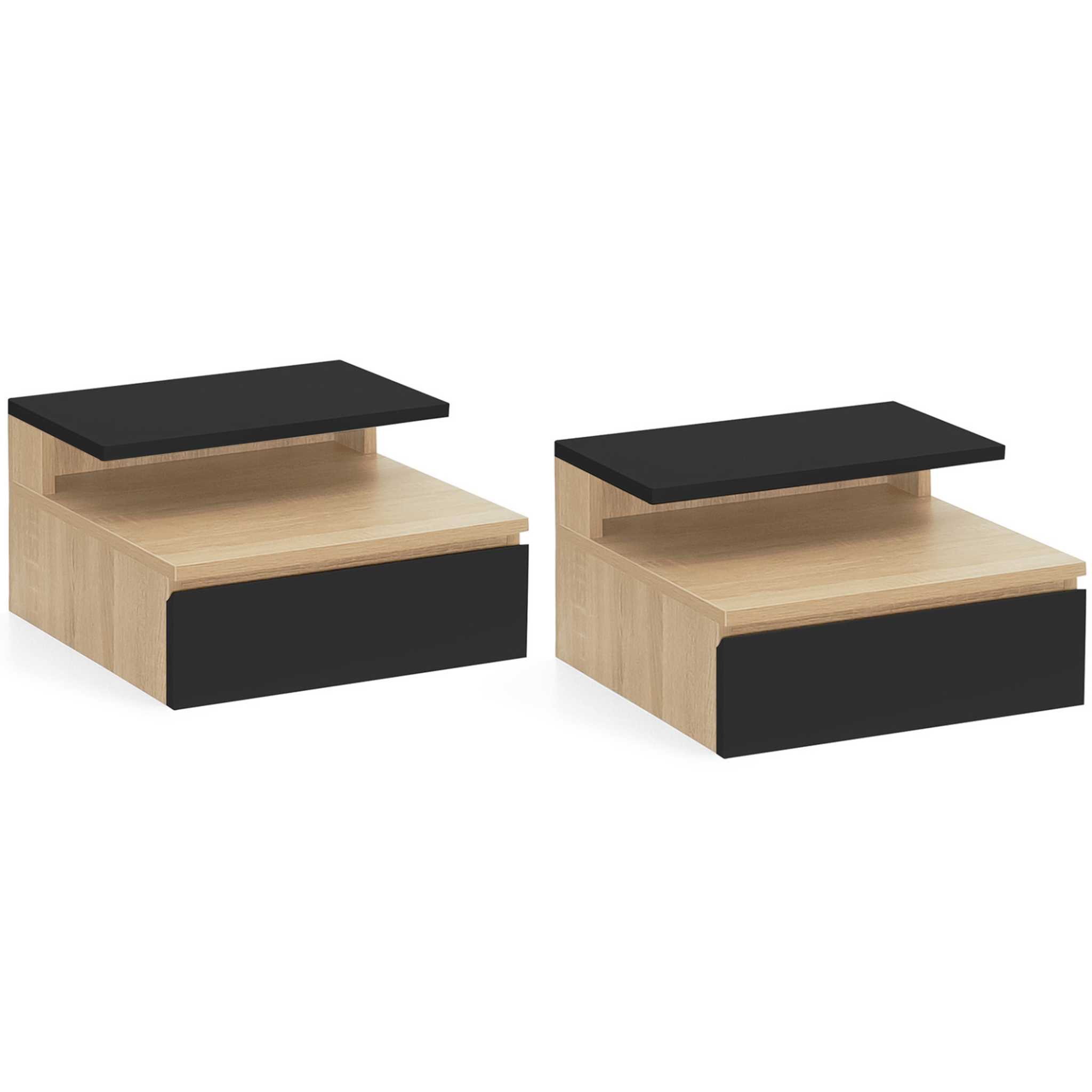 ID MARKET Lot de 2 tables de chevet murales TOMI 1 tiroir + 1 tablette étagère suspendue + 1 tablette façon hêtre et noir