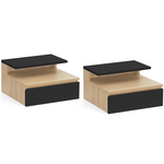 ID MARKET Lot de 2 tables de chevet murales TOMI 1 tiroir + 1 tablette étagère suspendue + 1 tablette façon hêtre et noir