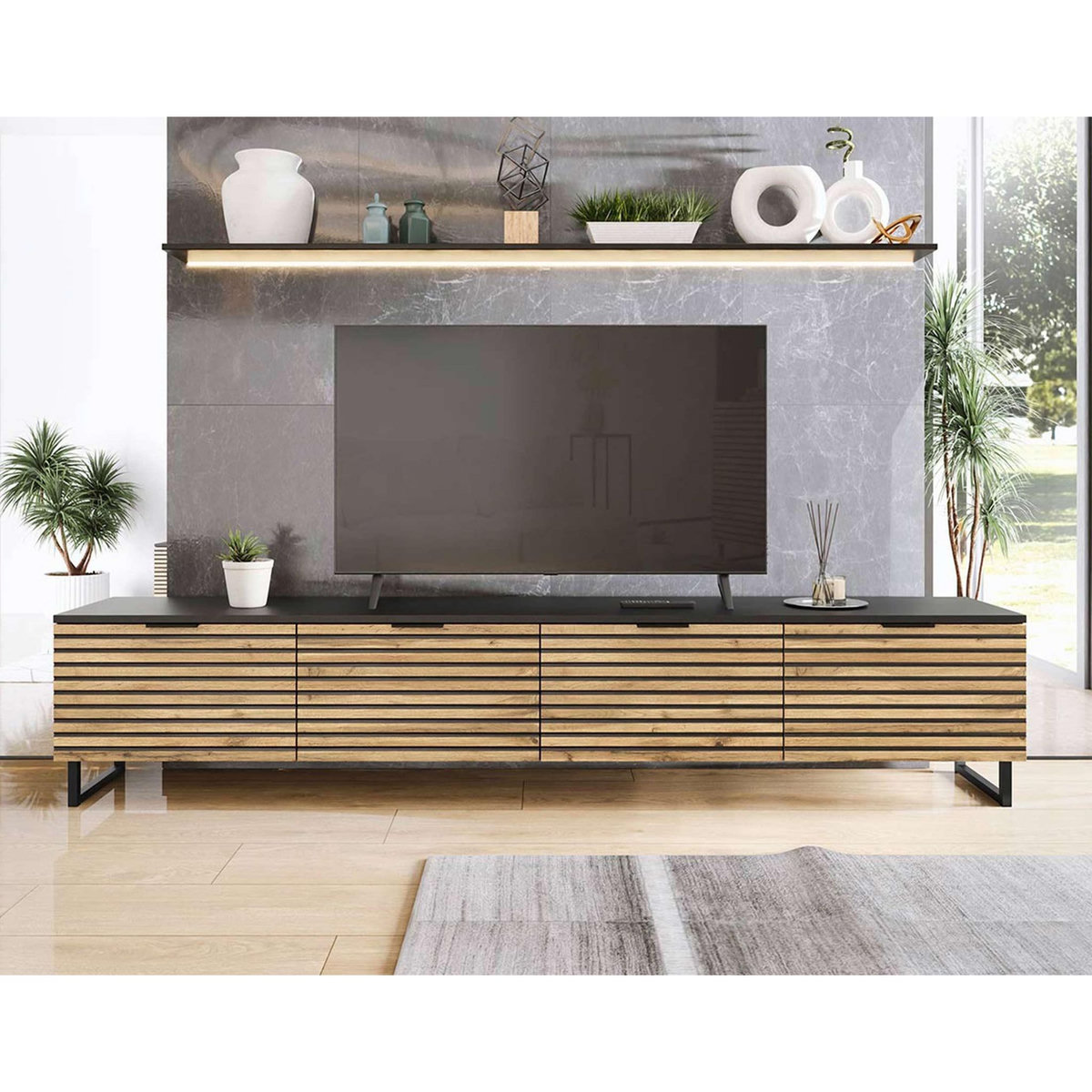 BEST MOBILIER Olympie - meuble tv - effet bois et noir - 4 portes - 200 cm