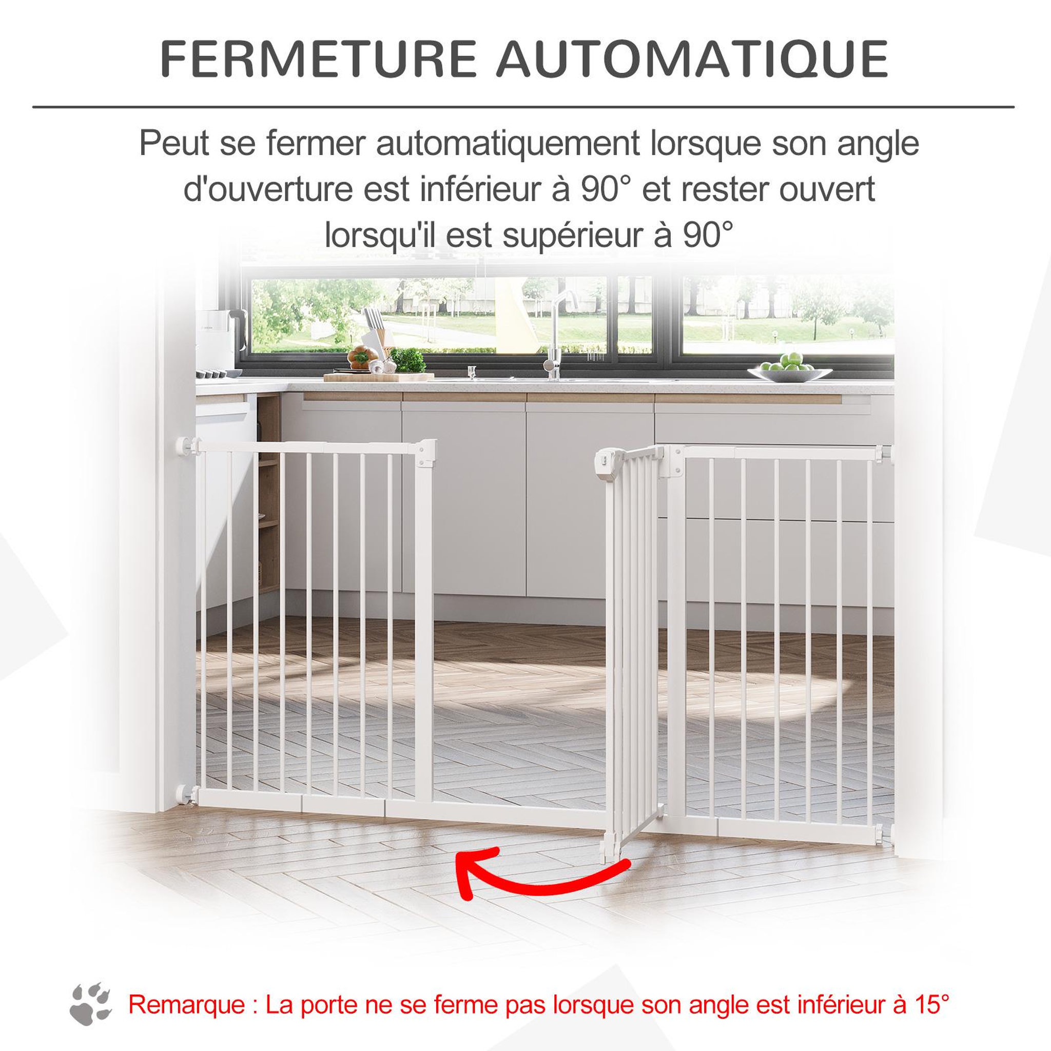 Voir la diapositive 6 : PAWHUT Barrière de sécurité pliable pour chien - 3 panneaux, porte verrouillable - dim. 206l x 120h cm - acier pp blanc
