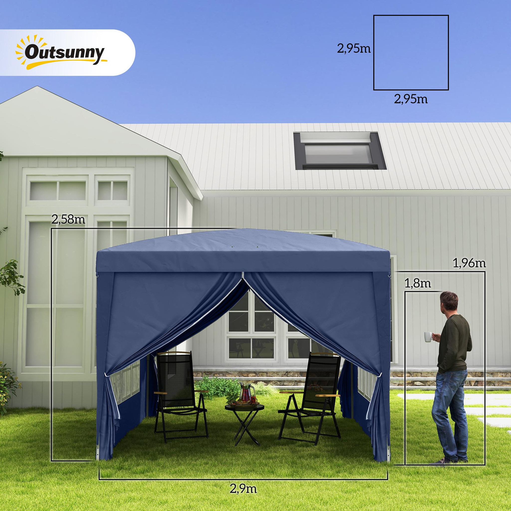 Voir la diapositive 3 : OUTSUNNY Tonnelle barnum pop-up pliant dim. 3L x 3l x 2,58H m 2 fenêtres sac transport acier Oxford bleu
