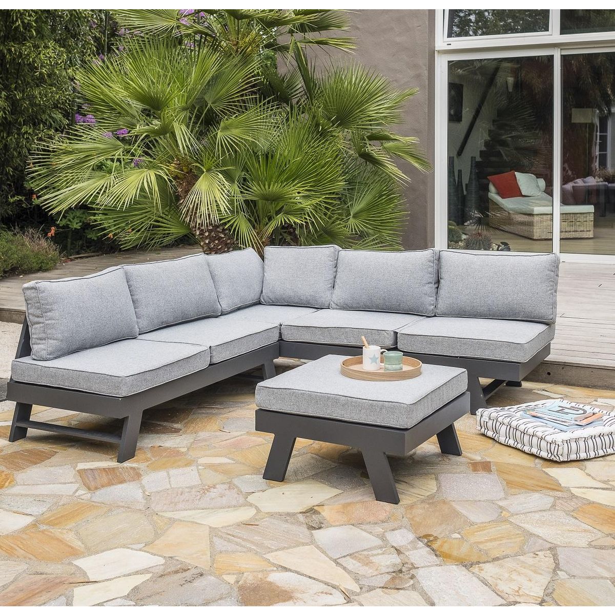 DCB GARDEN Salon bas de jardin en angle - 5/6 places - Aluminium - Anthracite