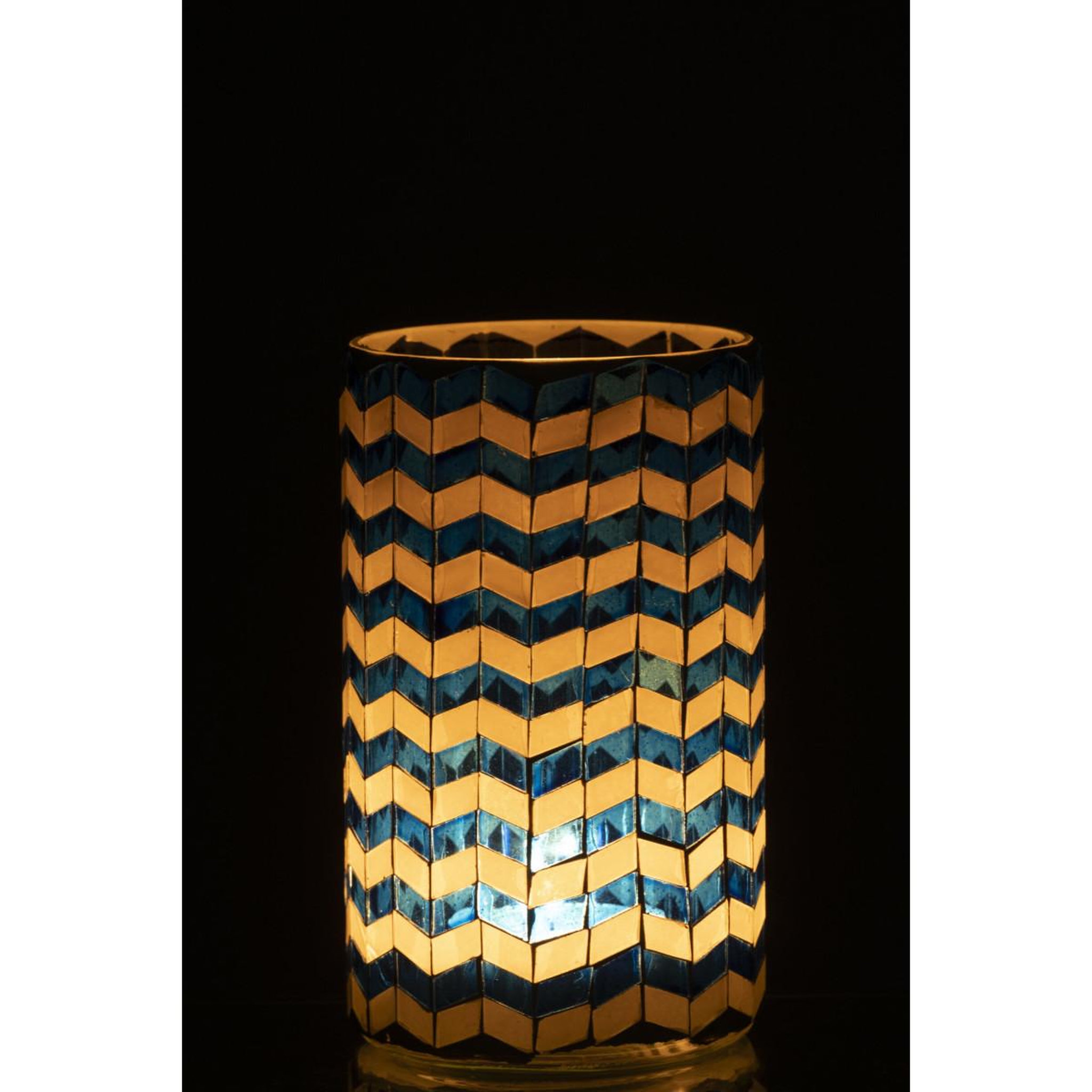 Voir la diapositive 3 : J-LINE Photophore chevrons en verre  santorin  18cm bleu