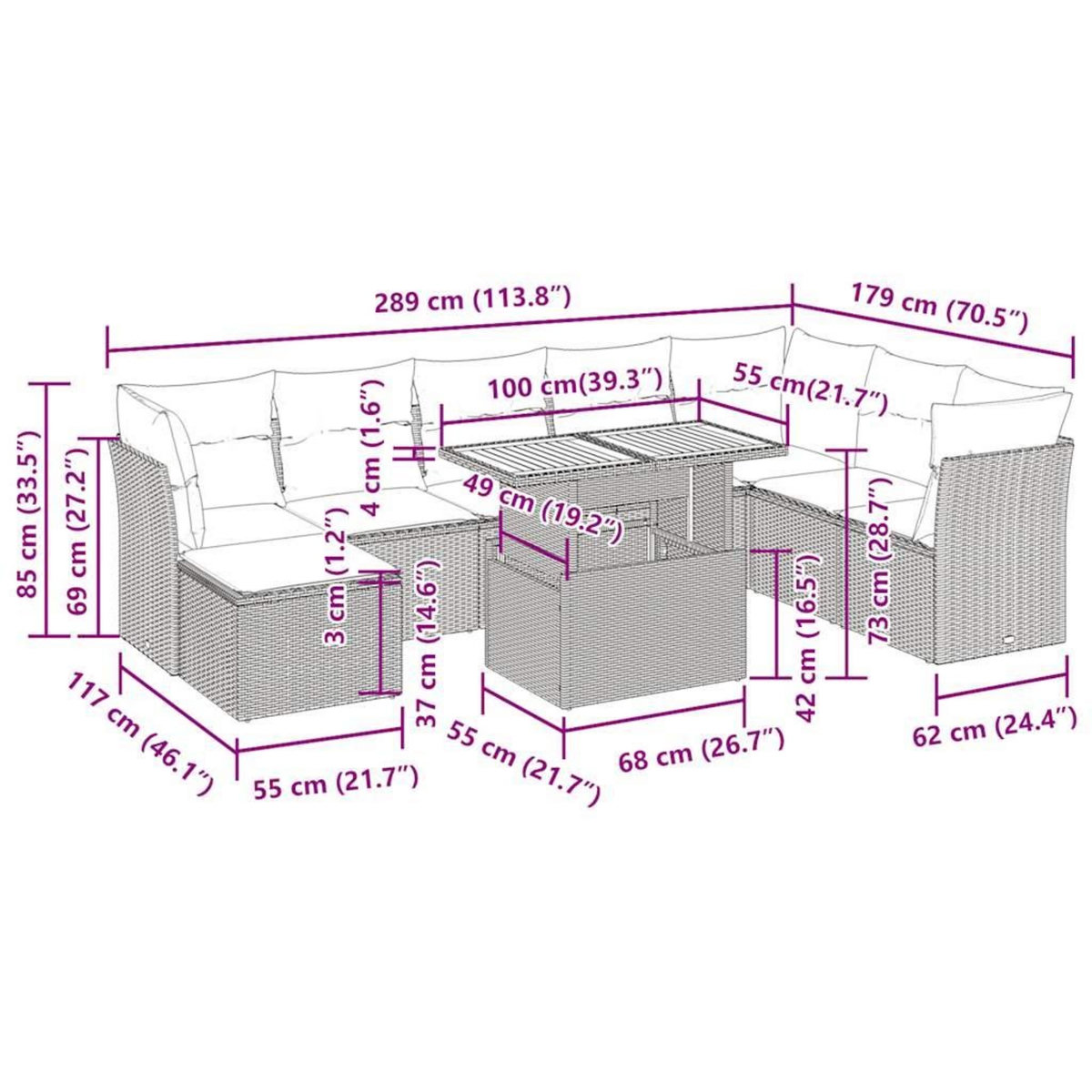 VIDAXL Salon de jardin avec coussins 9 pcs beige resine tressee