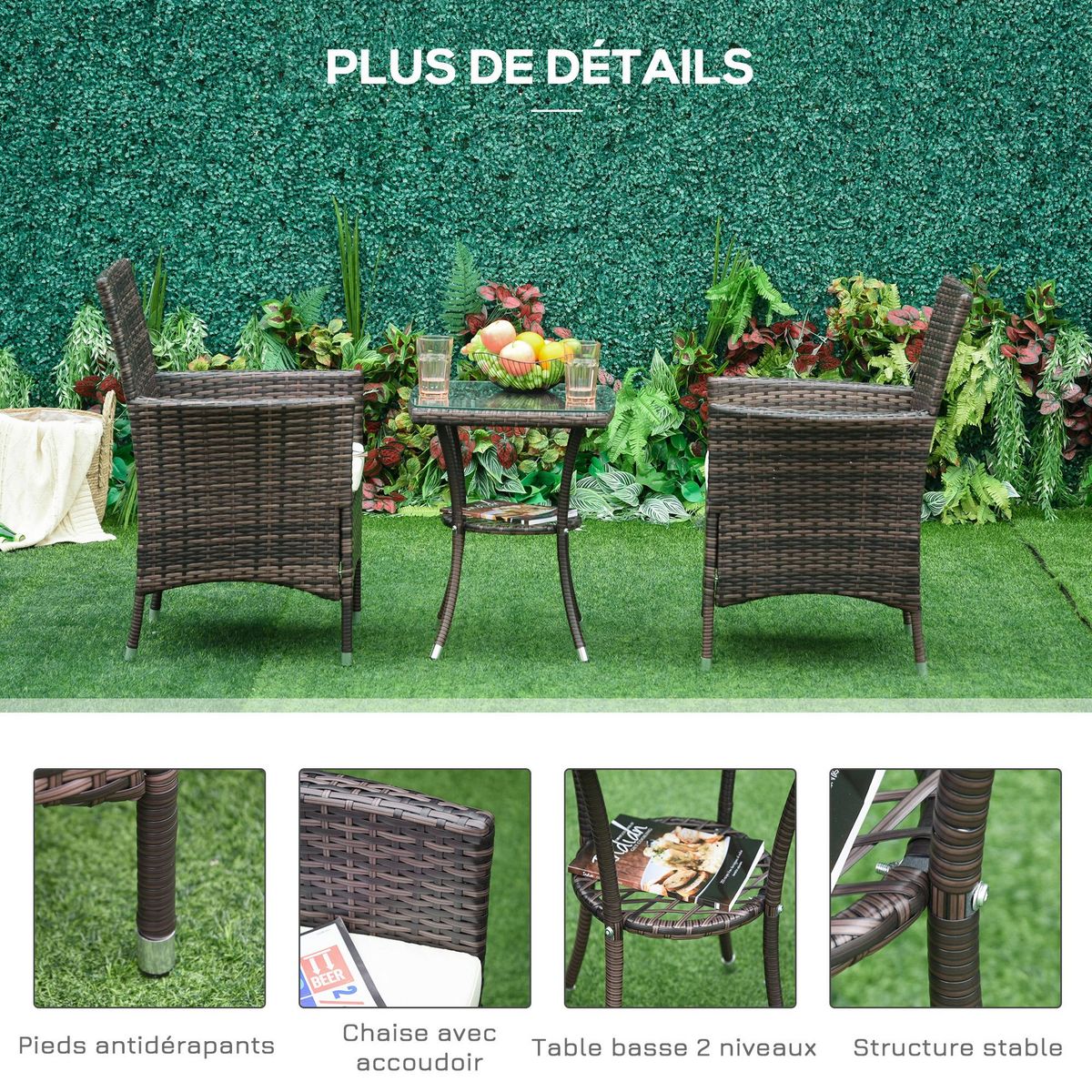 OUTSUNNY Outsunny Ensemble salon de jardin 2 places : 2 fauteuils et table basse plateau verre trempé résine tressée imitation rotin chocolat foncé coussins blanc