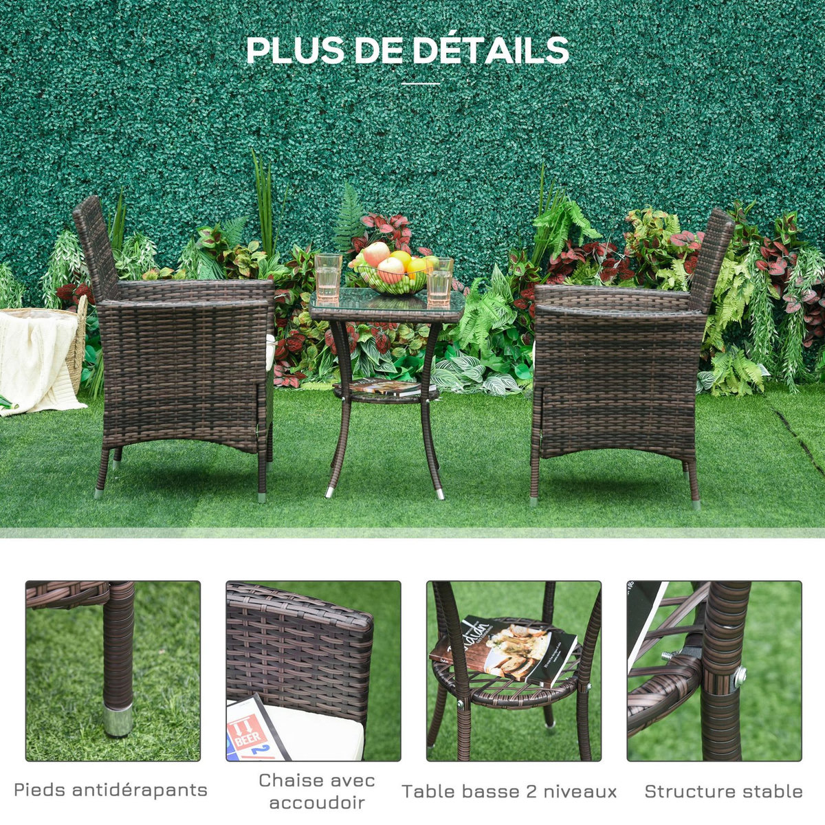 OUTSUNNY Outsunny Ensemble salon de jardin 2 places : 2 fauteuils et table basse plateau verre trempé résine tressée imitation rotin chocolat foncé coussins blanc